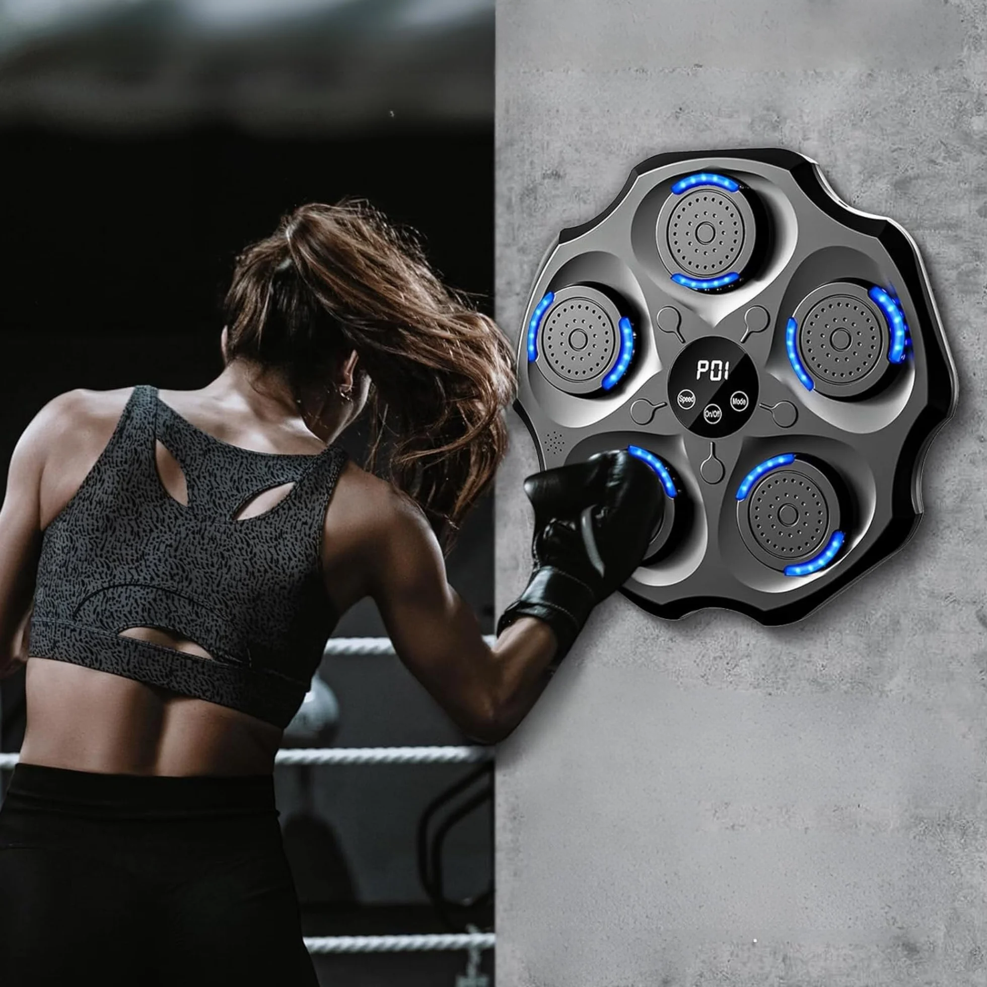Macchina da Boxe Musicale, Attrezzatura da Allenamento per Boxe a Parete In PU con Guantoni da Boxe, Pad da Boxe a LED, Bluetooth, Luci al Ritmo Della Musica. (2 mode, 43x43x5 cm)