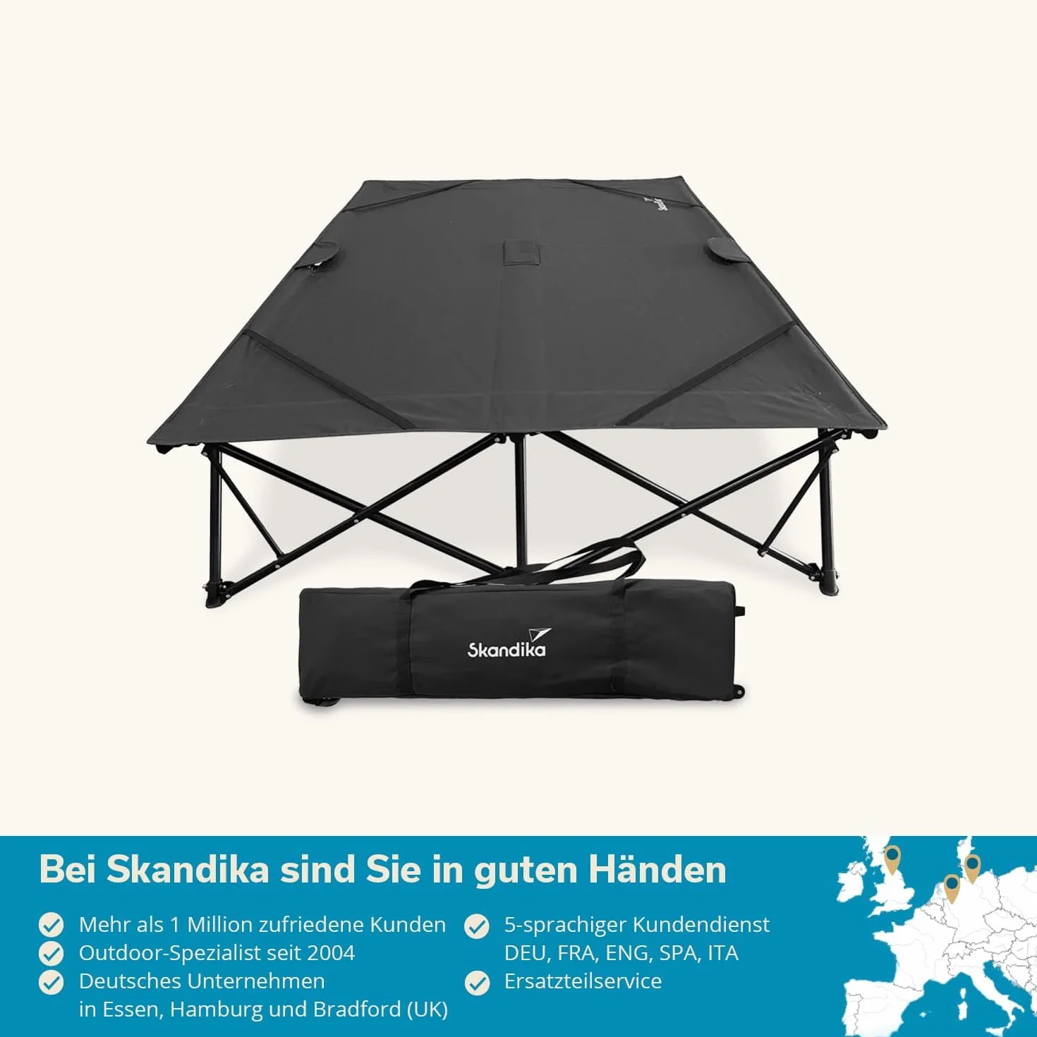 Skandika brandina da campeggio doppio per 2 persone Bodo | pieghevole, portata 250 kg, resistente alle intemperie, letto per ospiti | Lettino da campeggio per esterni, balcone, giardino