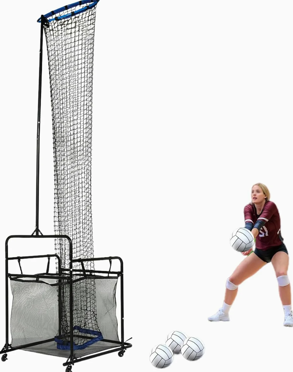 Set di allenamento per la pallavolo con ruote, rete di allenamento per la pallavolo regolabile con angolazione da 0° a 90° e altezza da 1,7 a 3,3 m, rete di esercitazione con rimbalzo