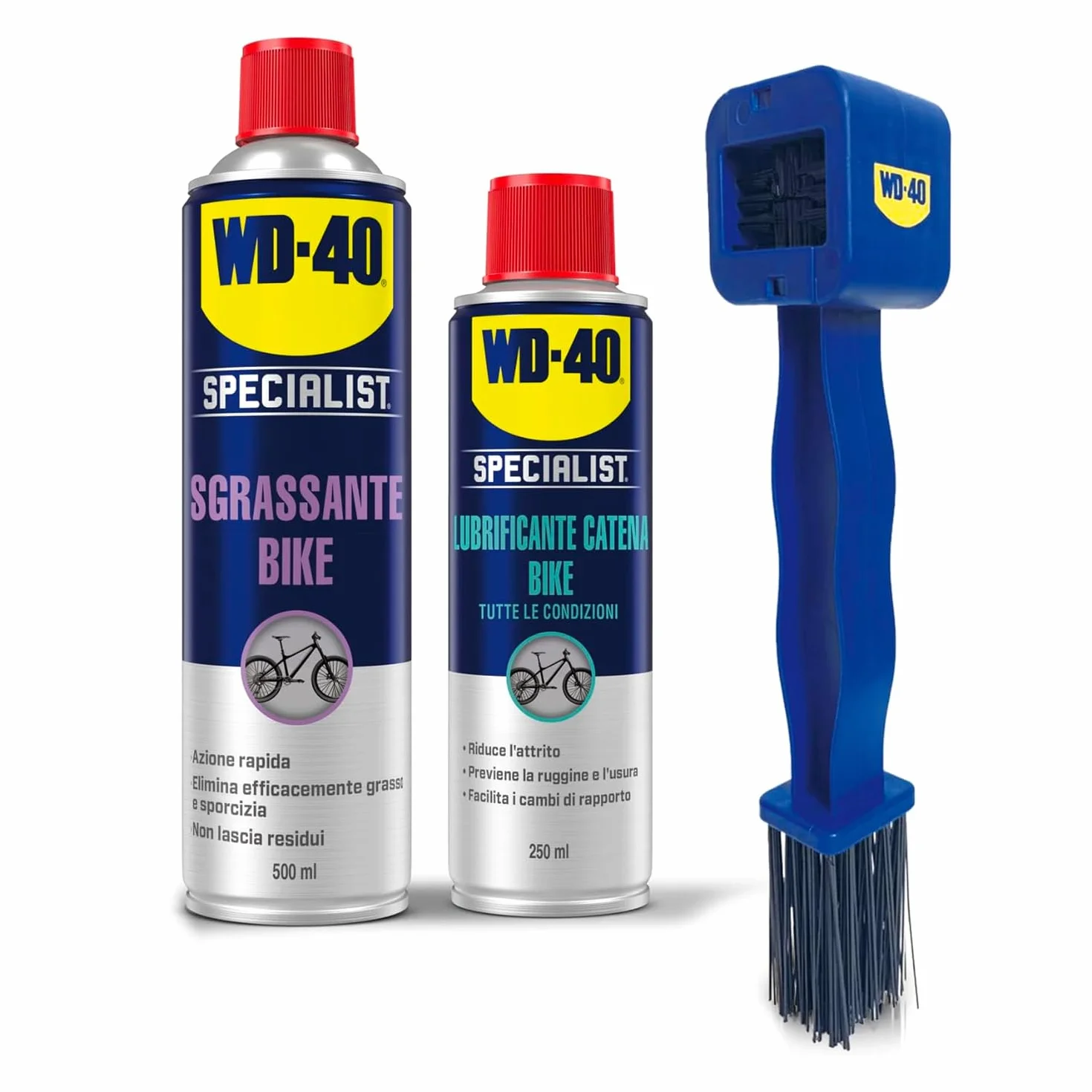 WD-40 Specialist Kit Manutenzione Catena Bici Sgrassante 500ml Lubrificante 250ml Spazzola 4 Lati