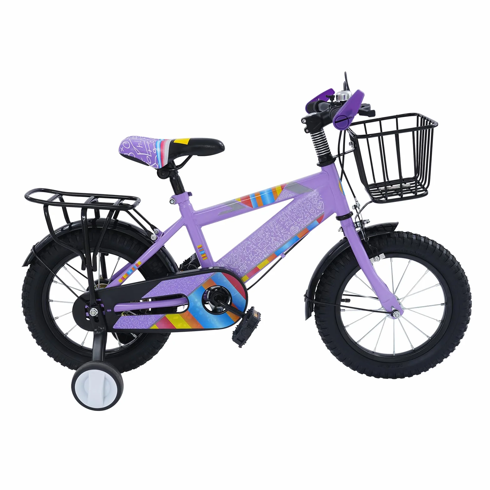 Bicicletta per bambini 14 pollici con stabilizzatore e cestello viola fino a 50 kg 3-6 anni