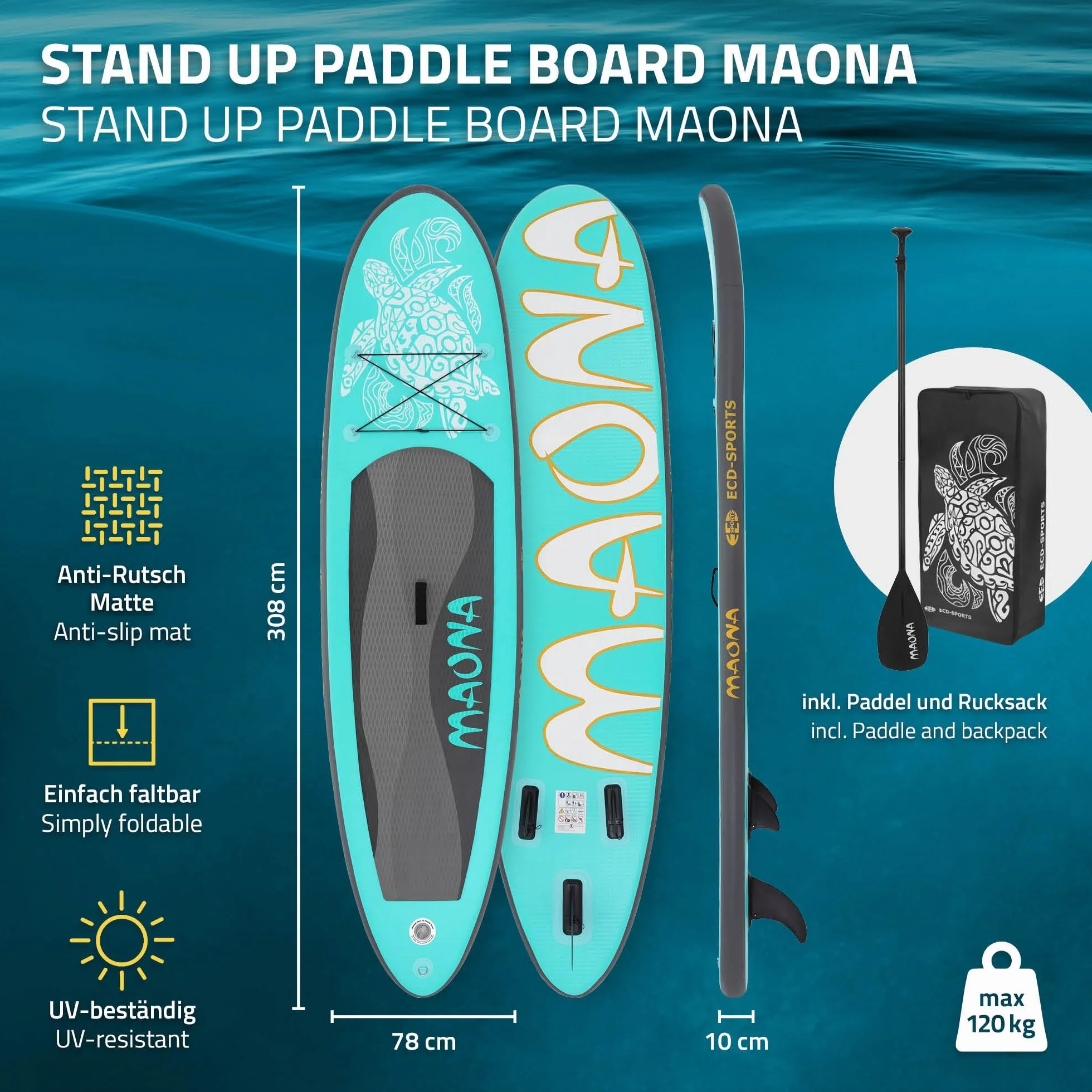 ECD Germany Stand Up Surf Paddle Board Gonfiabile 305 cm PVC 120 kg Tavola da Surf Pagaia Borsa Pompa