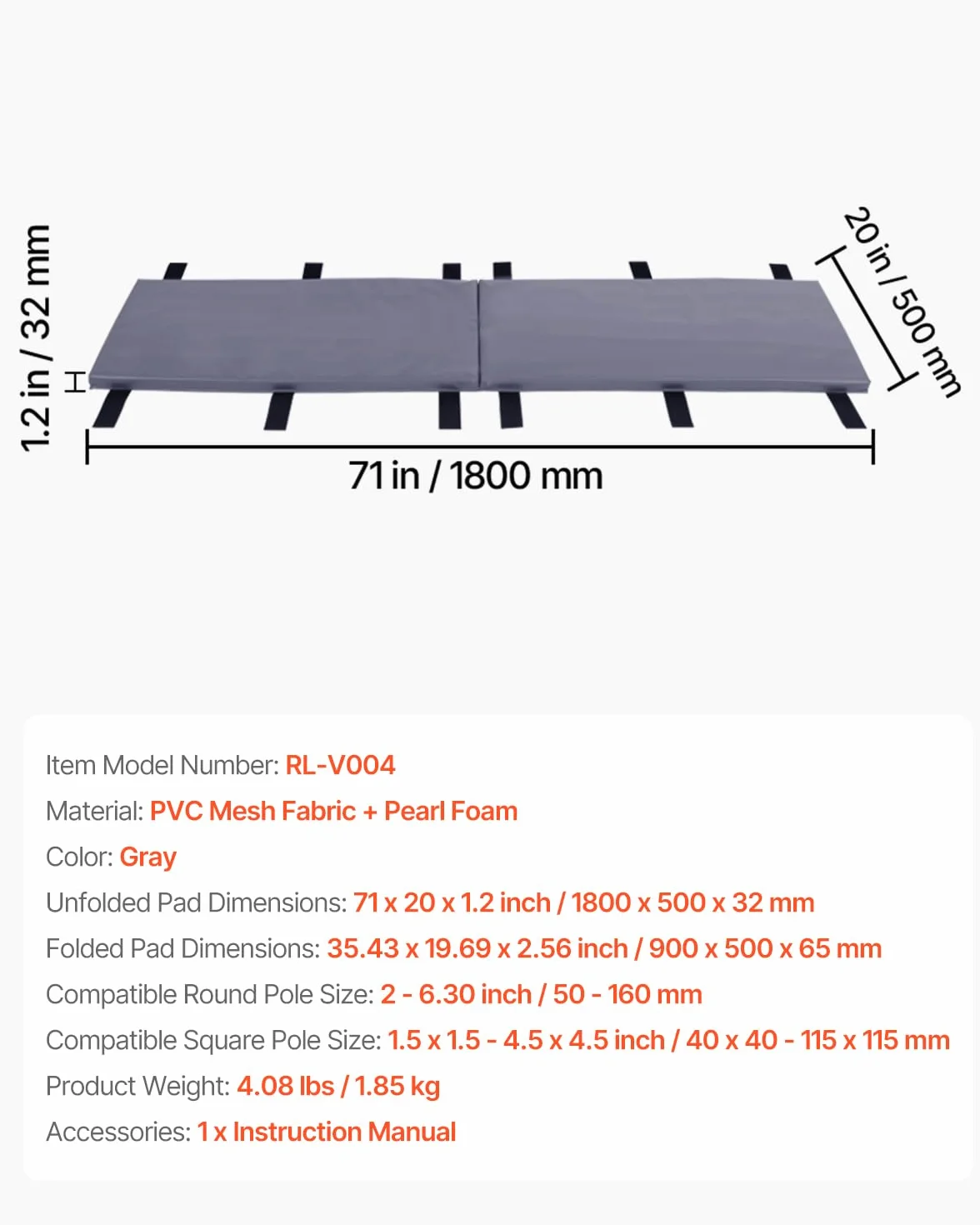 VEVOR Imbottitura per Palo da Basket Altezza 180 cm, Quadrate 40x40-115x115 mm, Tonde 50-160 mm, Cuscinetto Protettivo Grigio