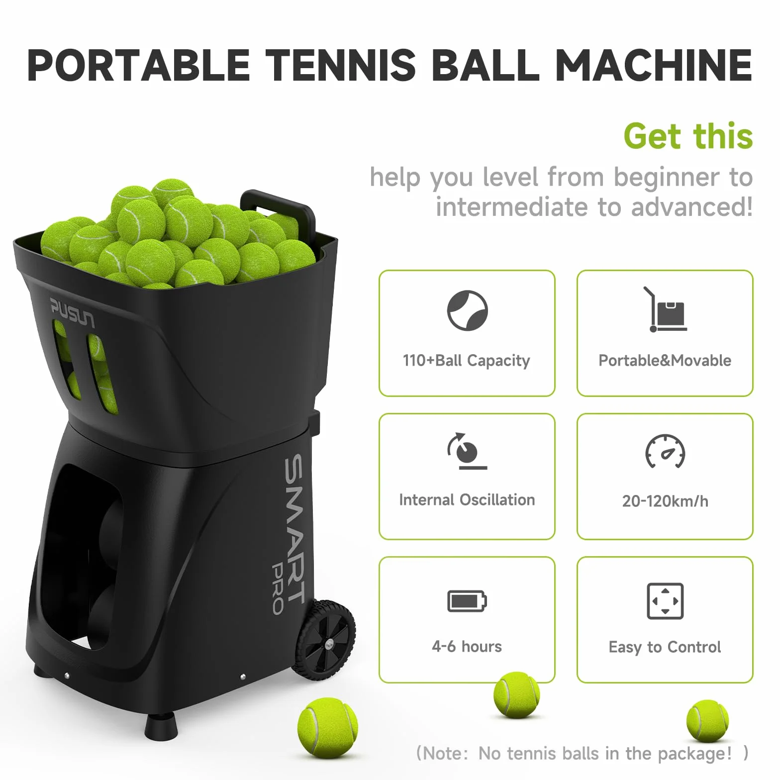 PUSUN PT-Smart Pro Macchina Lanciapalline Tennis Professionale Doppio Controllo Telecomando App Capacità 115+ Palline