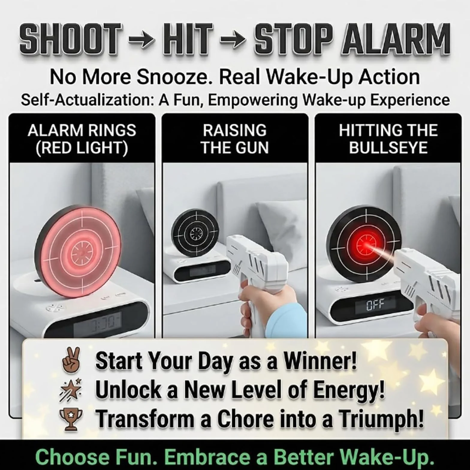 Sveglia interattiva con pistola e bersaglio, timer digitale LED 2 modalità allarme, orologio personalizzato per sonno pesante (Army Green)