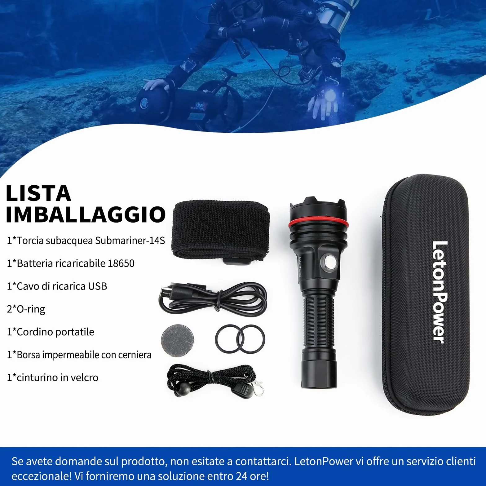 Torcia Subacquea 2000 Lumen IP68 100m USB-C Ricarica 6 Modalità