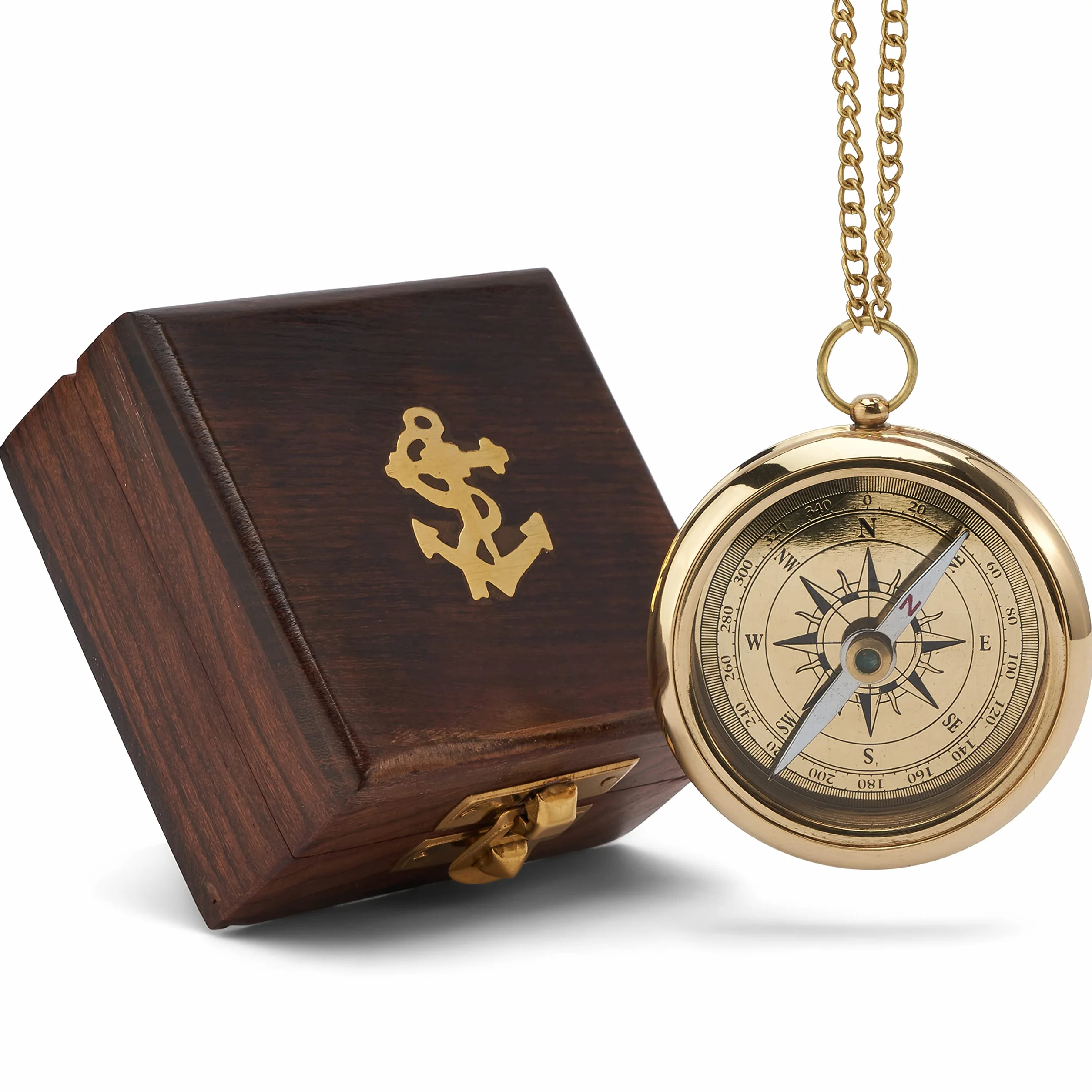 NKlaus Maritim Bussola 6cm Incisione Ancora Catena Scatola Legno Ottone Dorato