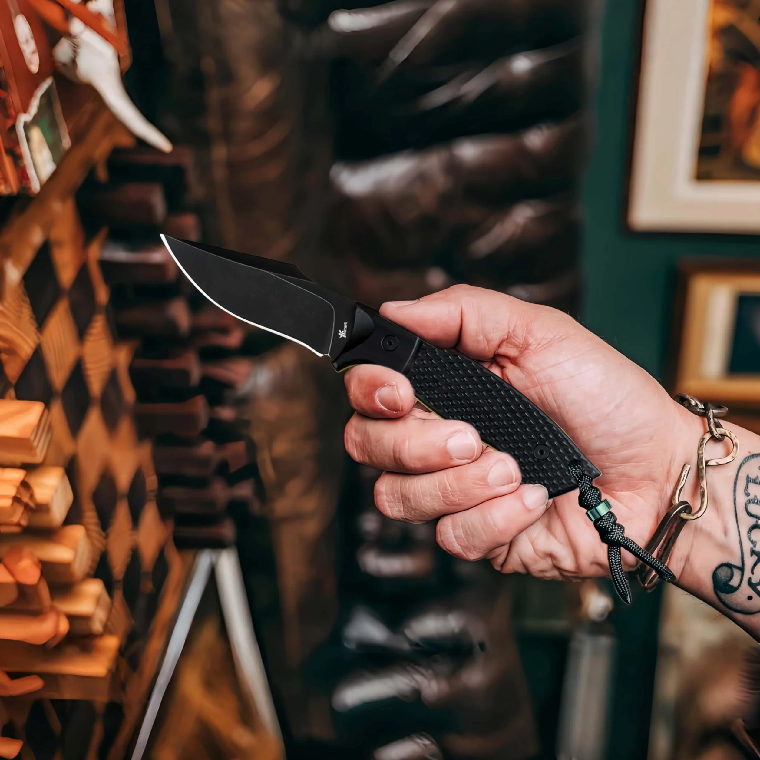 Coltello piccolo con lama fissa: coltello EDC compatto con lama arpione lunga 7,2 cm, manico G-10 testurizzato, ontano continuo, finitura stonewash scuro, fodero stampato a iniezione e Gü