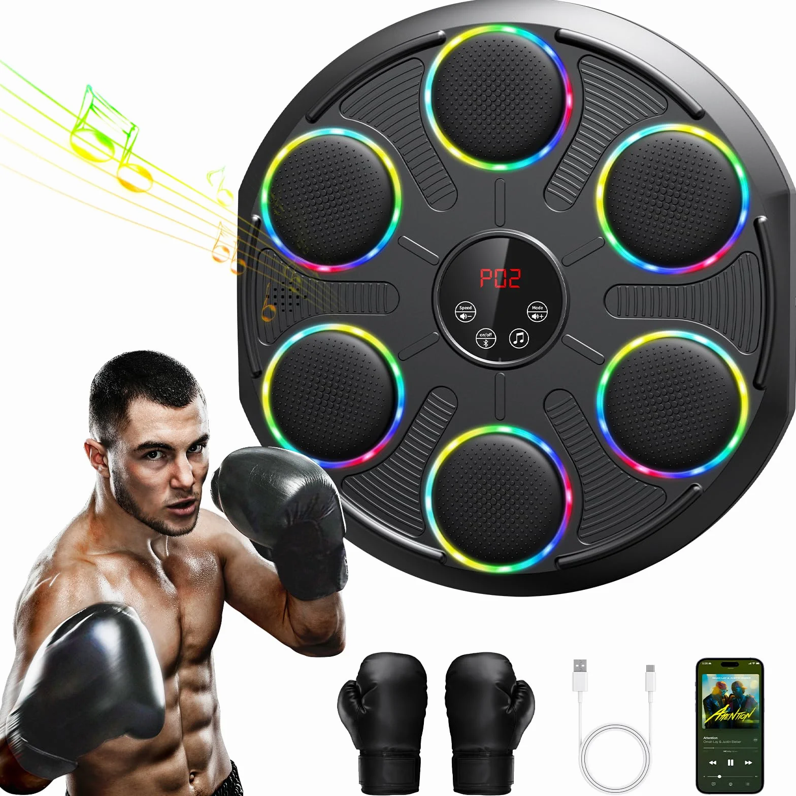 Macchina da Boxe Musicale, Extra Large Professionale a Parete con LED Dinamico et Guantone, Bluetooth Smart, Musica Elettronica a 12 velocità, per Adulti e Bambini, Interni e Palestre, Nero