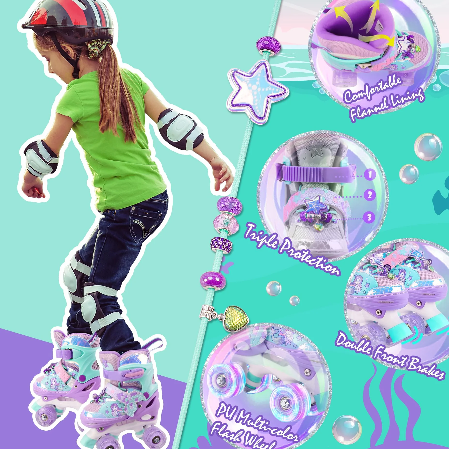 Sirenetta Pattini a Rotelle Bambina Pattini Bambina Pattini 4 Ruote Regolabili con Tutte LED Ruote Luminose per Principianti Ragazza Bambina Regali di Natale e Compleanno