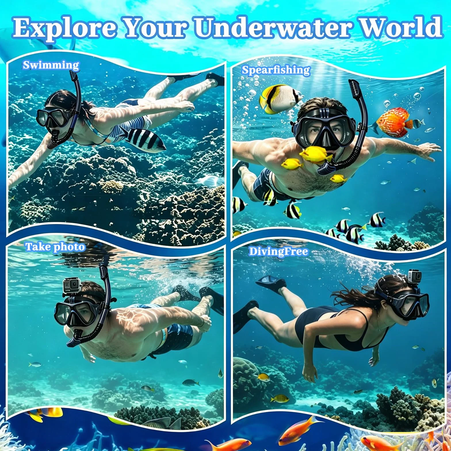 Maschera Snorkeling Subacquea Adulti con Supporto Fotocamera, Panoramica 180° Anti-Appannamento Vetro Temperato