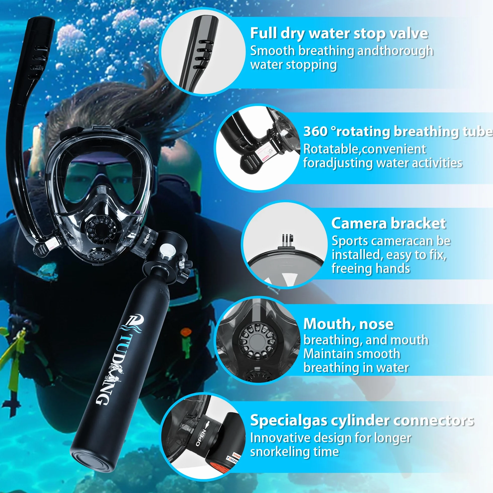 Bombola per immersioni subacquee 0.5L TUDIVING mini ossigeno maschera snorkeling kit