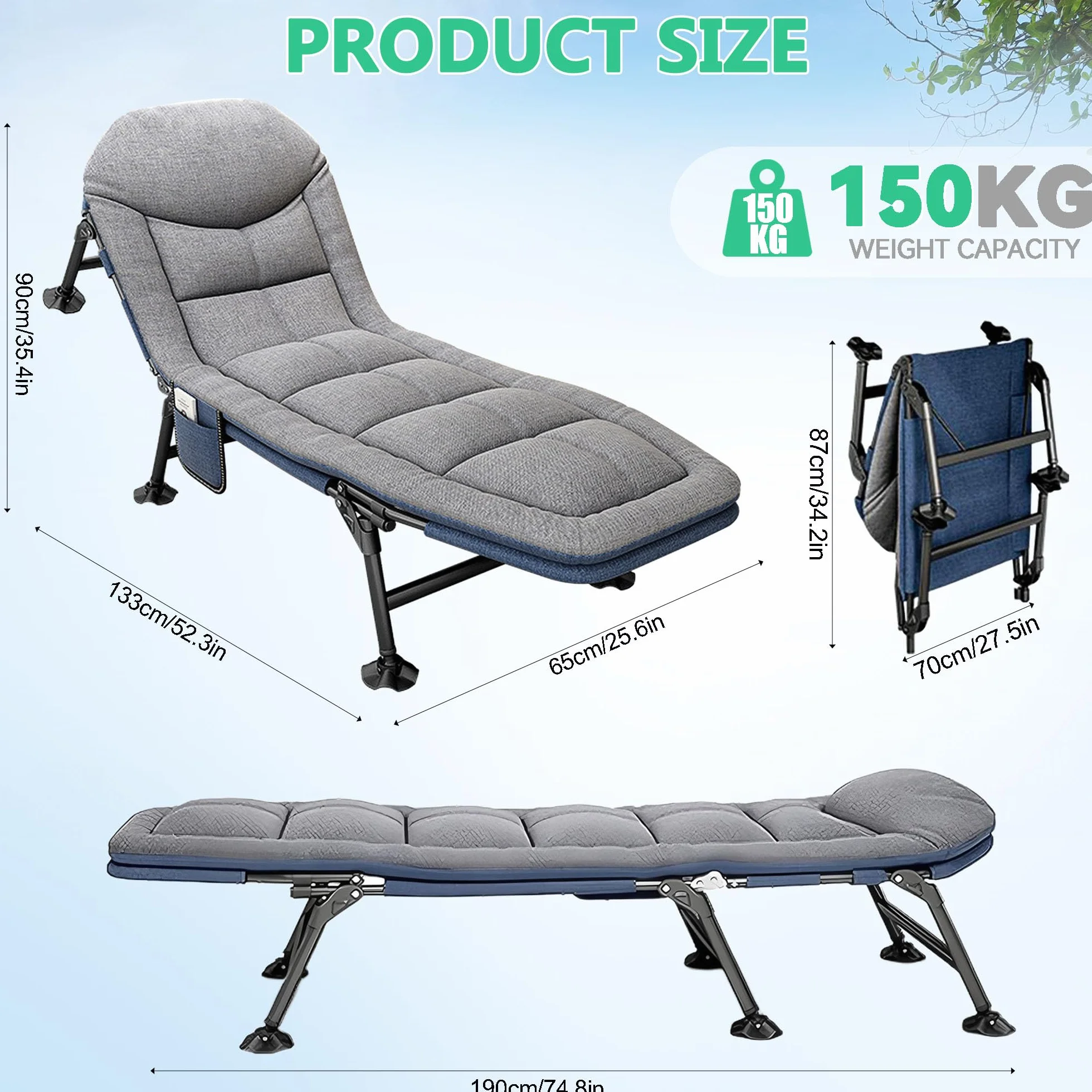 Lettino pieghevole XXL 190x65x30 cm con materasso lettino da campeggio schienale regolabile 5 posizioni tasca laterale