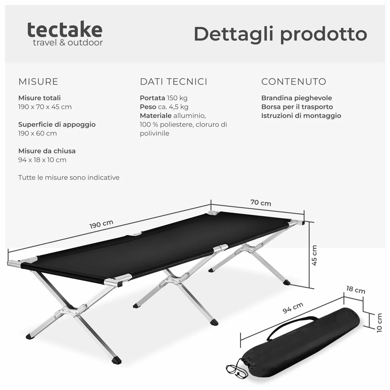 Tectake Lettino da Campeggio in Alluminio Pieghevole Portatile con Borsa, Portata 150 kg, Nero