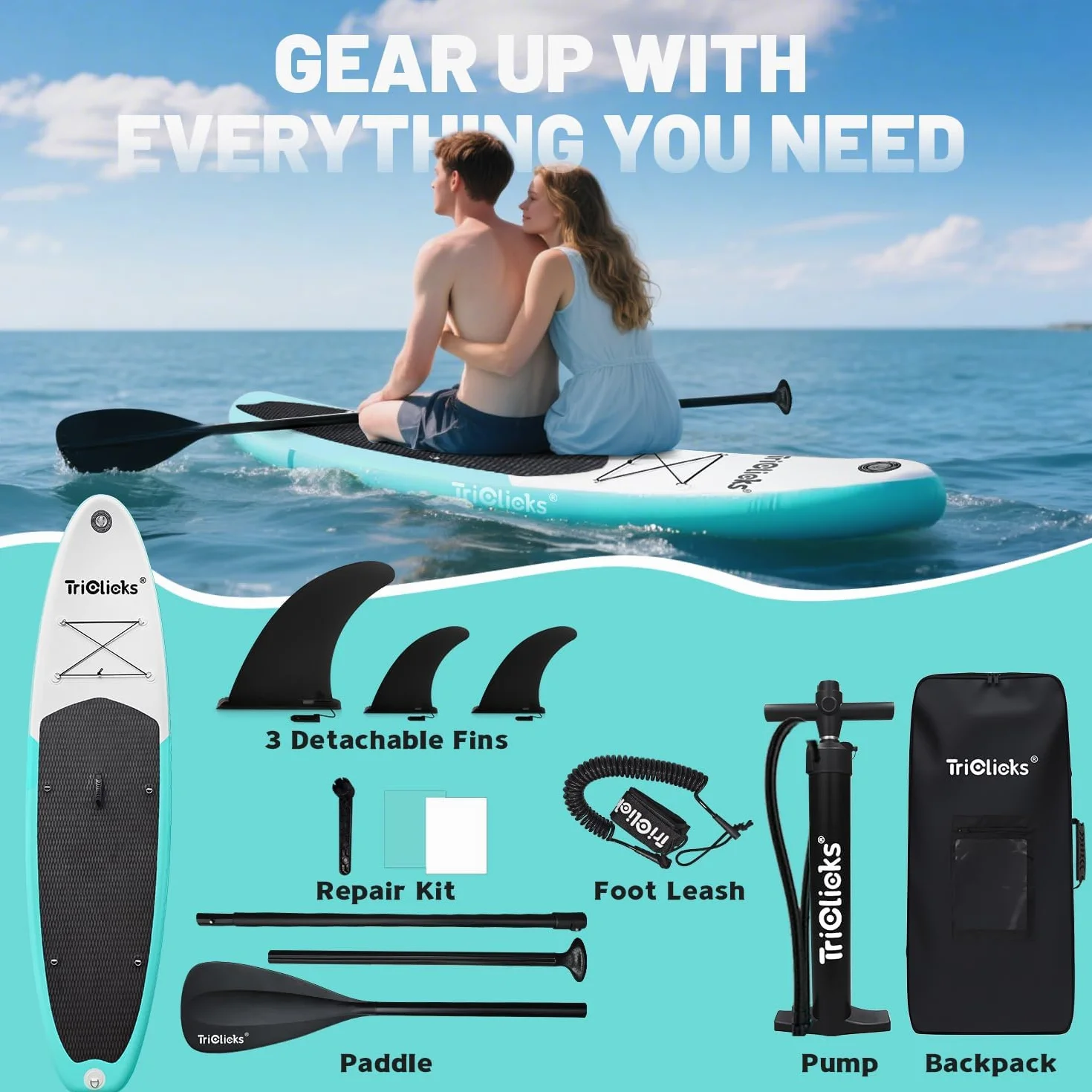 Triclicks SUP Tavola da surf gonfiabile con paletta regolabile, pompa a mano con manometro, leash, finner, zaino, 300 x 76 x 15 cm