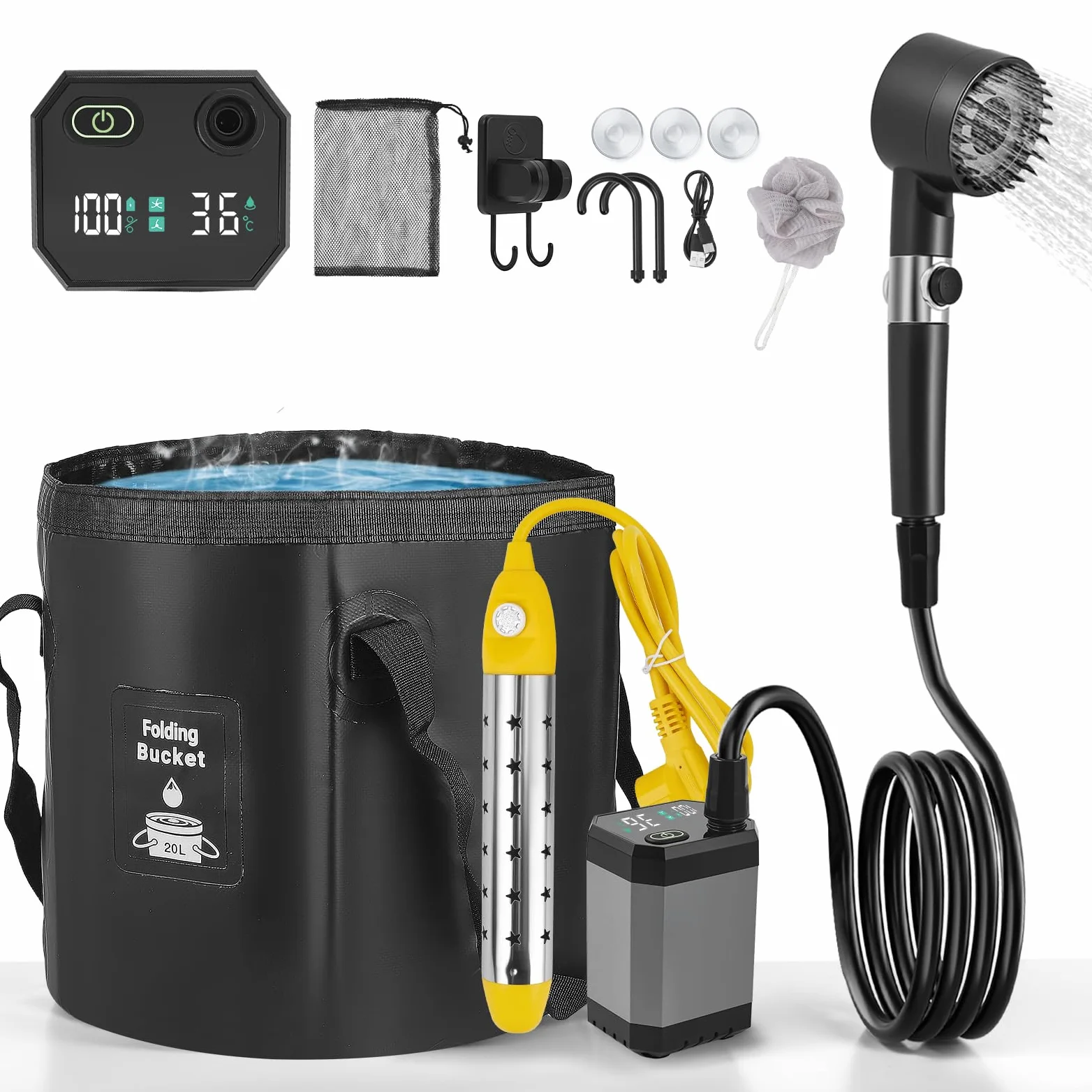 Doccia Da Campeggio, Con Secchio Pieghevole 20L, 8000 Mah Doccia Ricaricabile Portatile, Impermeabile Ipx7, Con Display Digitale Intelligente Per Spiaggia Giardino Lavaggio Auto