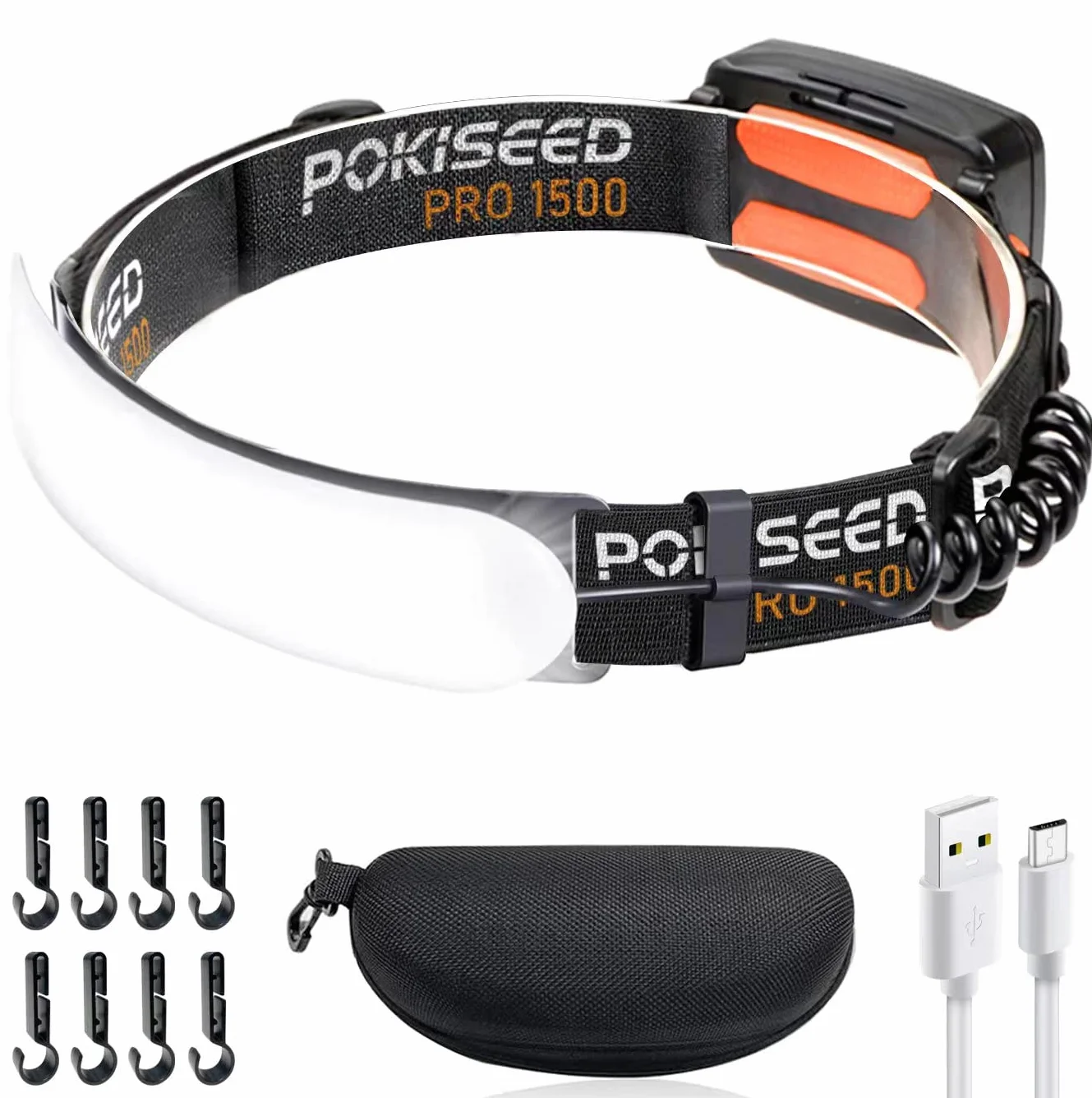 POKISEED Torcia Frontale LED Ricaricabile 1500 Lumen 230° Grandangolo USB-C 5000mAh IPX6