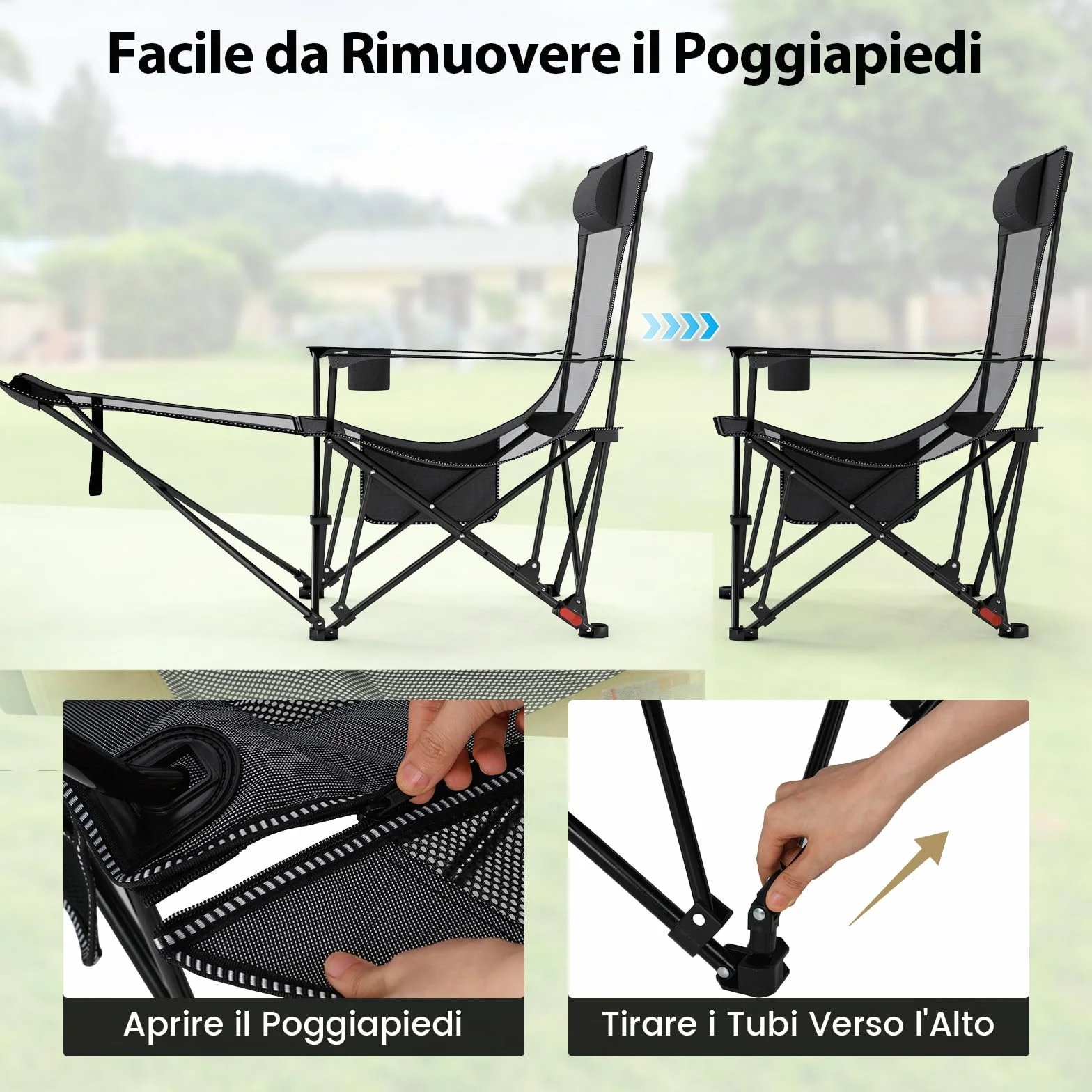 COSTWAY Sedia da Campeggio Pieghevole con Poggiapiedi Rimovibile, Schienale Reclinabile, Portata 150 kg, Tela Oxford Grigio