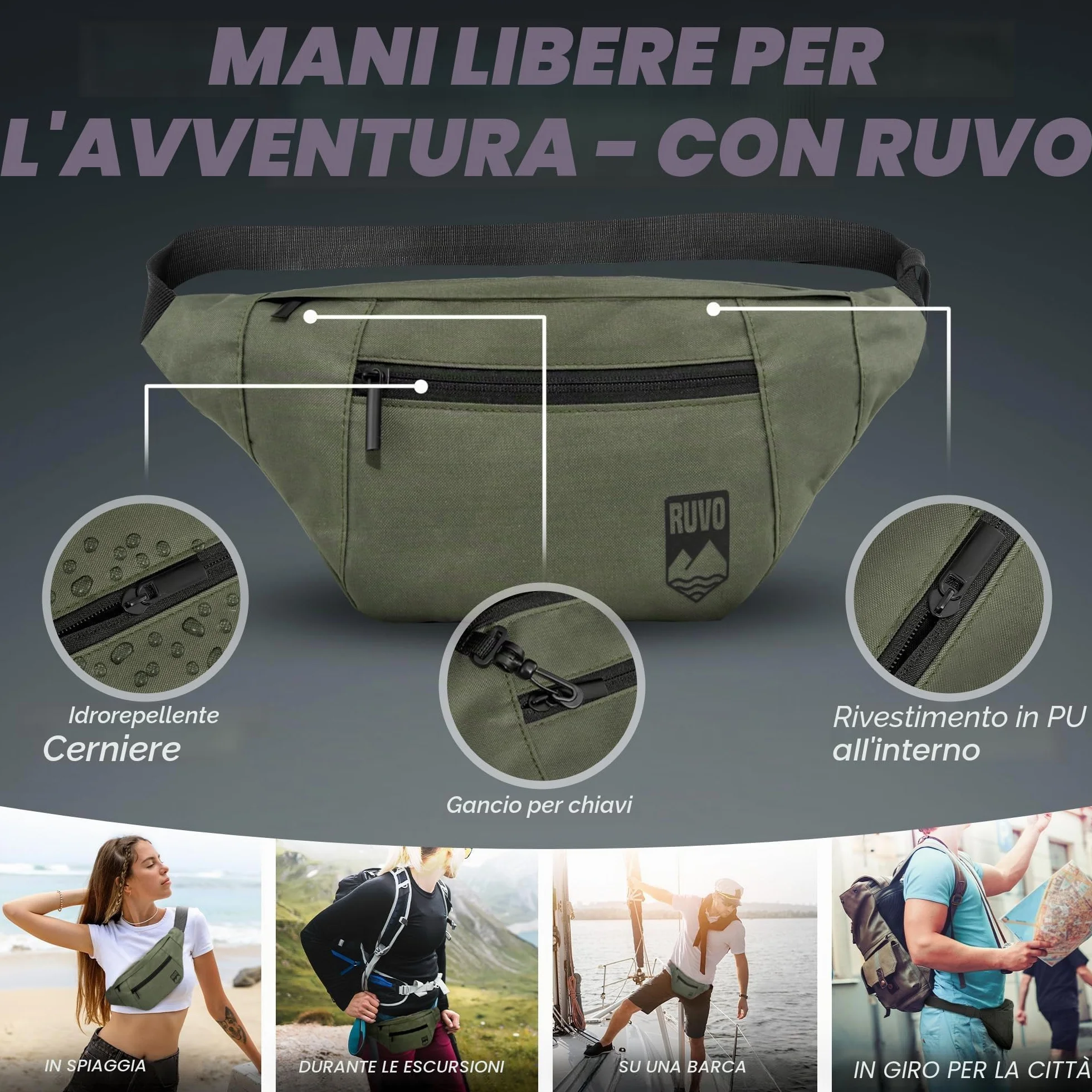 RUVO Marsupio da Cintura Uomo e Donna 4 Scomparti Chiusura a Zip Oliva Taglia Unica