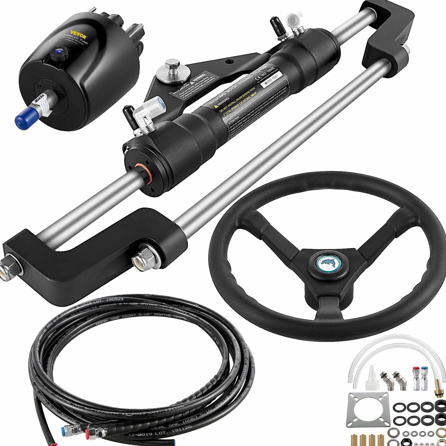 VEVOR Kit sterzo idraulico per barca, Kit sterzo idraulico 300HP Pompa timone, Cilindro, Ruota, Kit di guarnizioni sterzo idraulico per tubo flessibile da 24 piedi, Sistema di sterzo per barca resiste