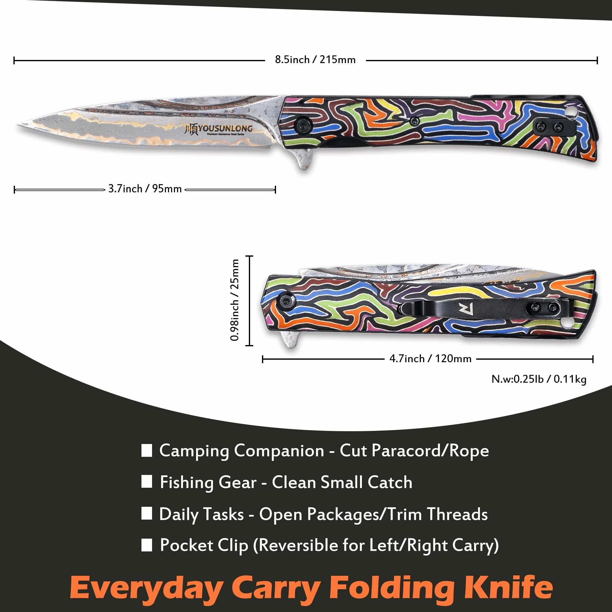 YOUSUNLONG Coltello pieghevole da campeggio da 215 mm - Lama in acciaio damasco CuMai - Rivestimento del manico in G10 multicolore