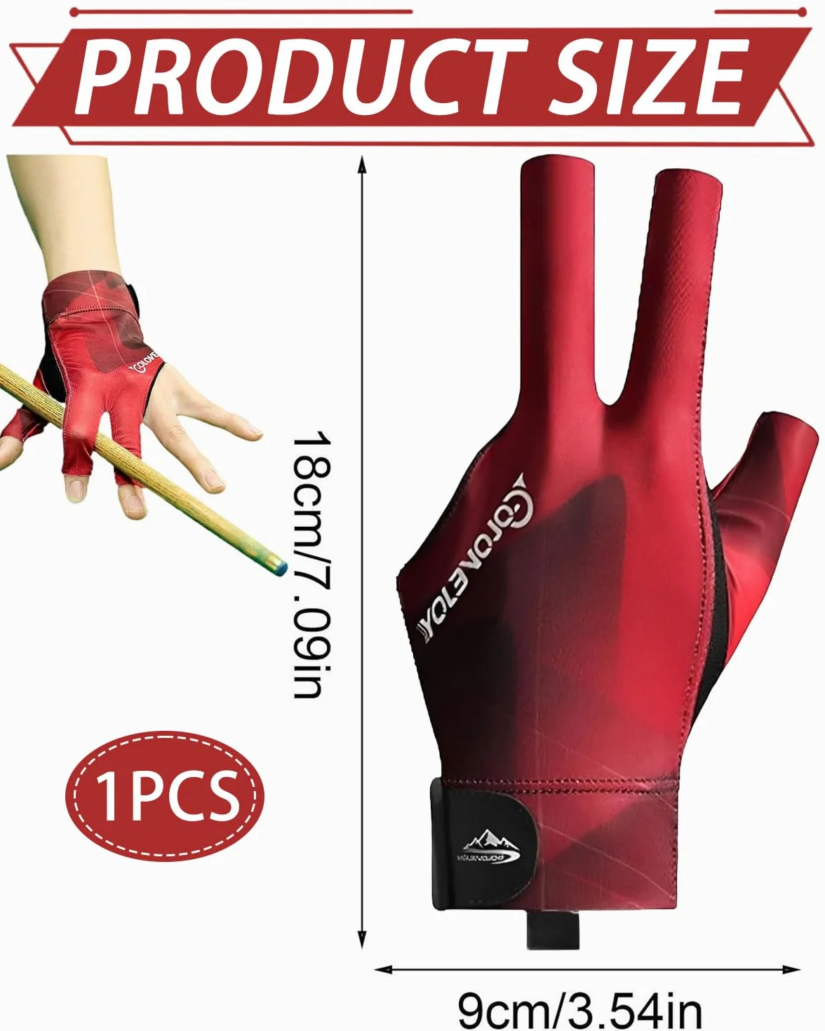 Guanto da biliardo sinistro antiscivolo 3 dita per tiro e allenamento Nero Rosso
