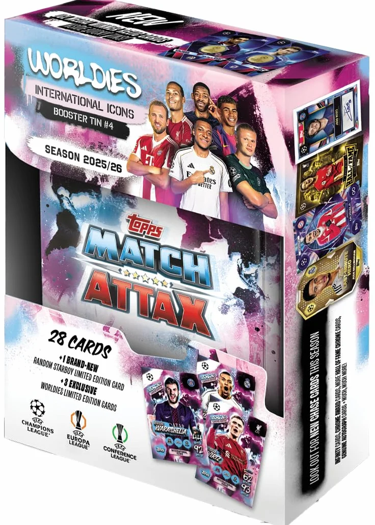 Topps UCC Match Attax 2025/26 Mini Tin International Icons 28 carte Match Attax Plus Star Boy LE carte Worldies