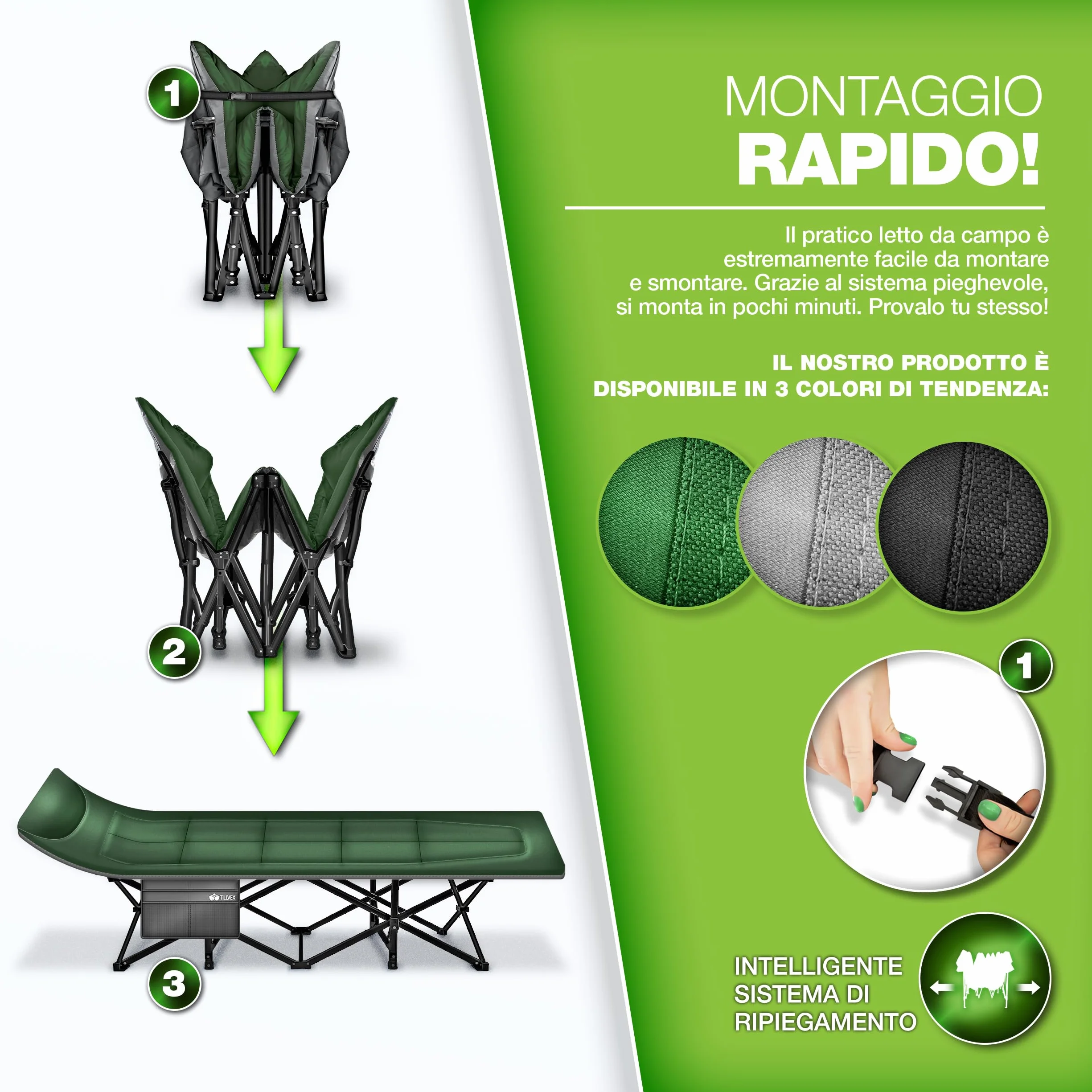 tillvex® Letto da campeggio pieghevole con borsa trasporto 200 kg extra largo