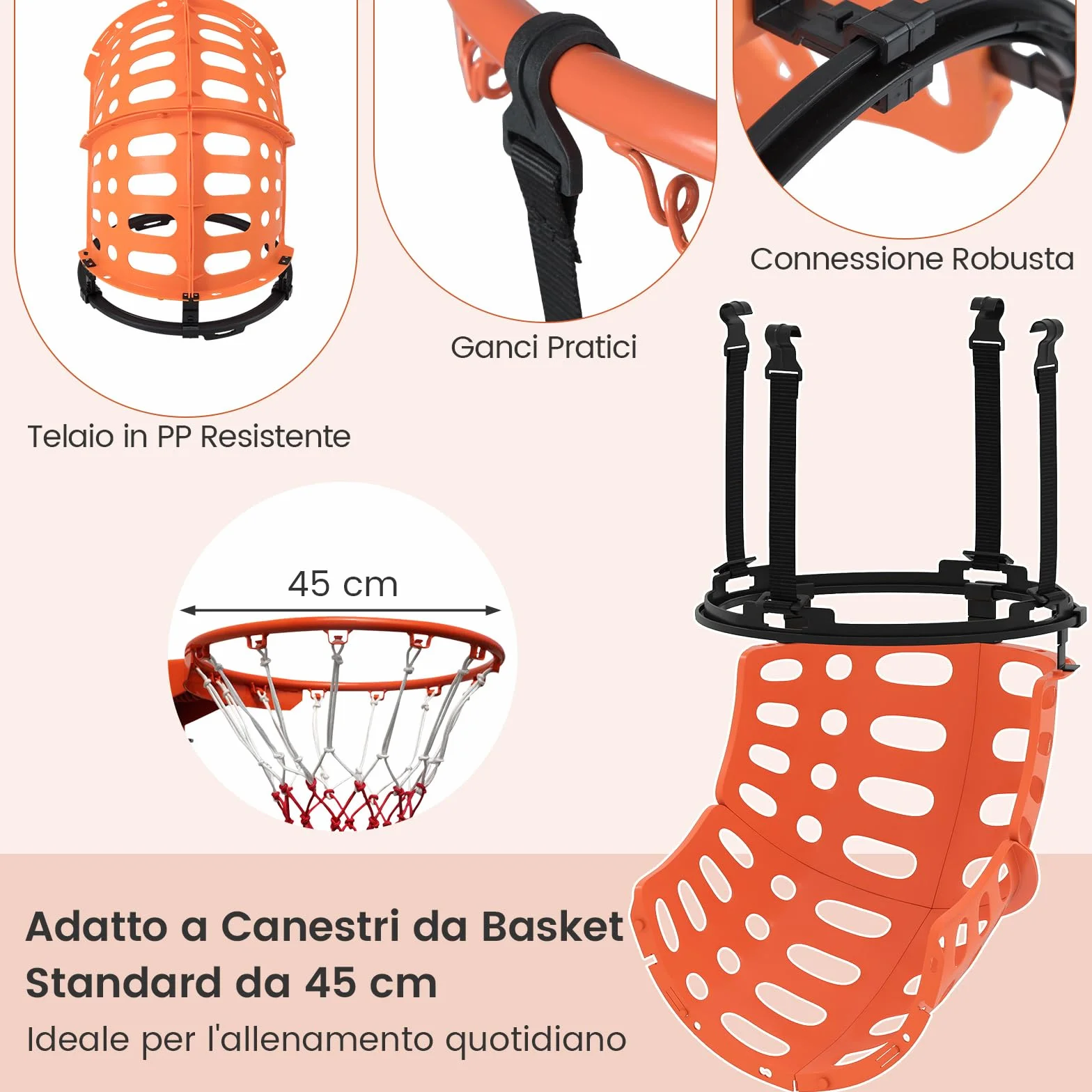 COSTWAY Sistema di Ritorno Palla Basket Rotante 360° 4 Ganci Smontabili Allenamento Tiro