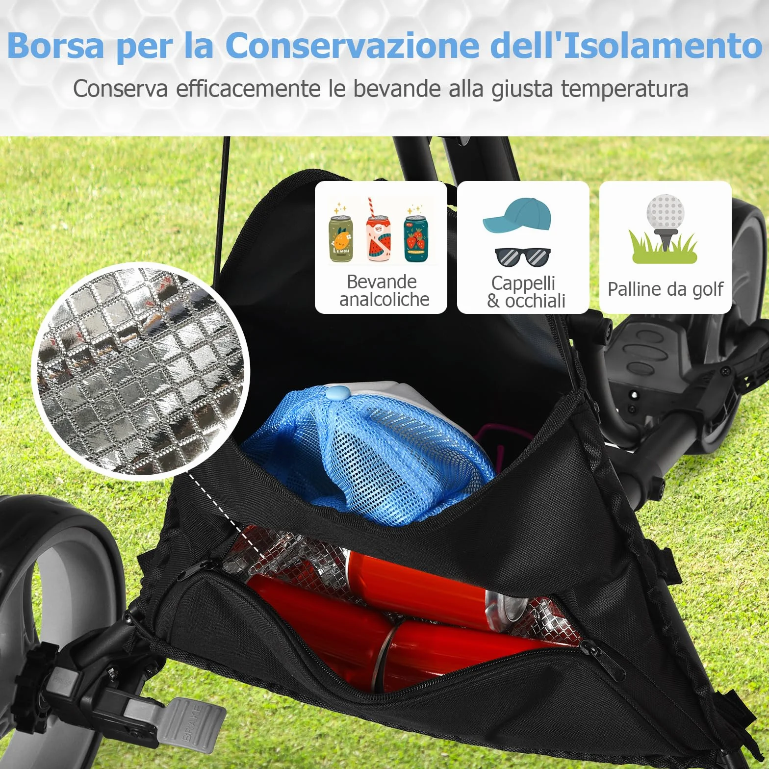 COSTWAY Pieghevole Carrello da Golf 3 Ruote Alluminio Cinghia Elastica Portaombrello Porta Bicchiere Segnapunti Freno a Pedale