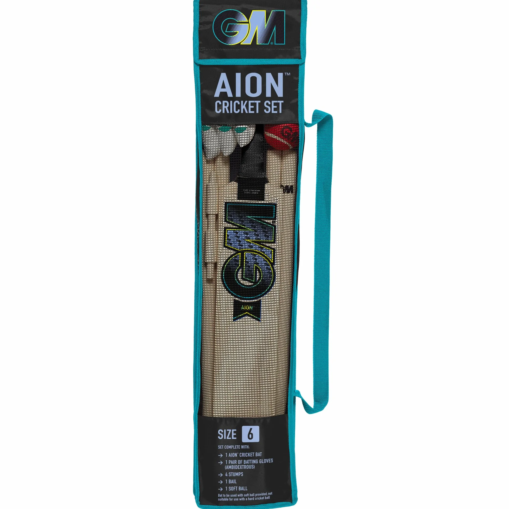 Gunn & Moore GM Young Gunn Cricket Set Aion Wooden Bat Soft Ball Gloves Stumps Bail Carry Bag Sizes 2 4 6
