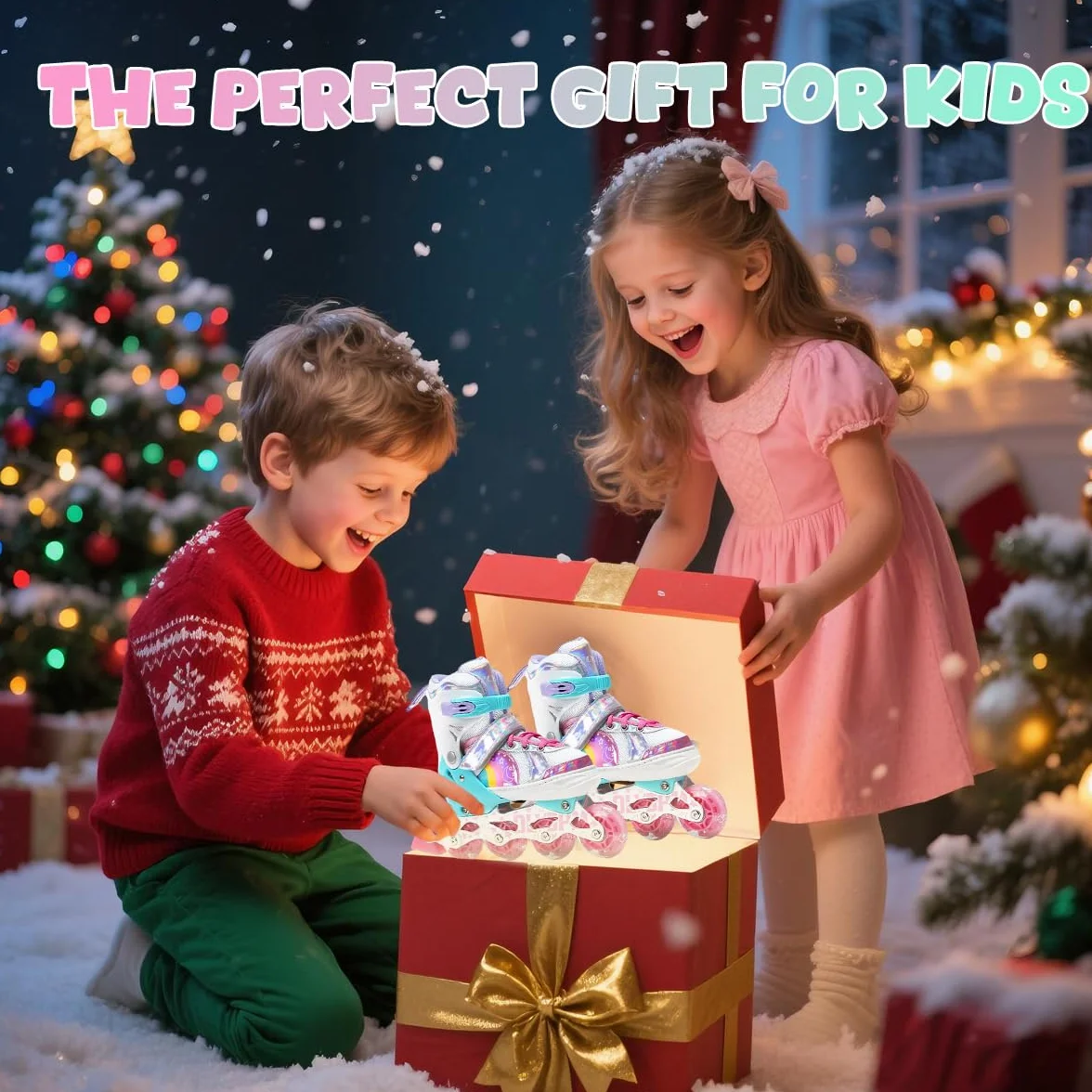 Pattini in Linea Bambina luminosi regolabili,unicorno arcobaleno,Pattini a rotelle con Tutte Ruote LED per Principianti Bambini,Regalo di Natale