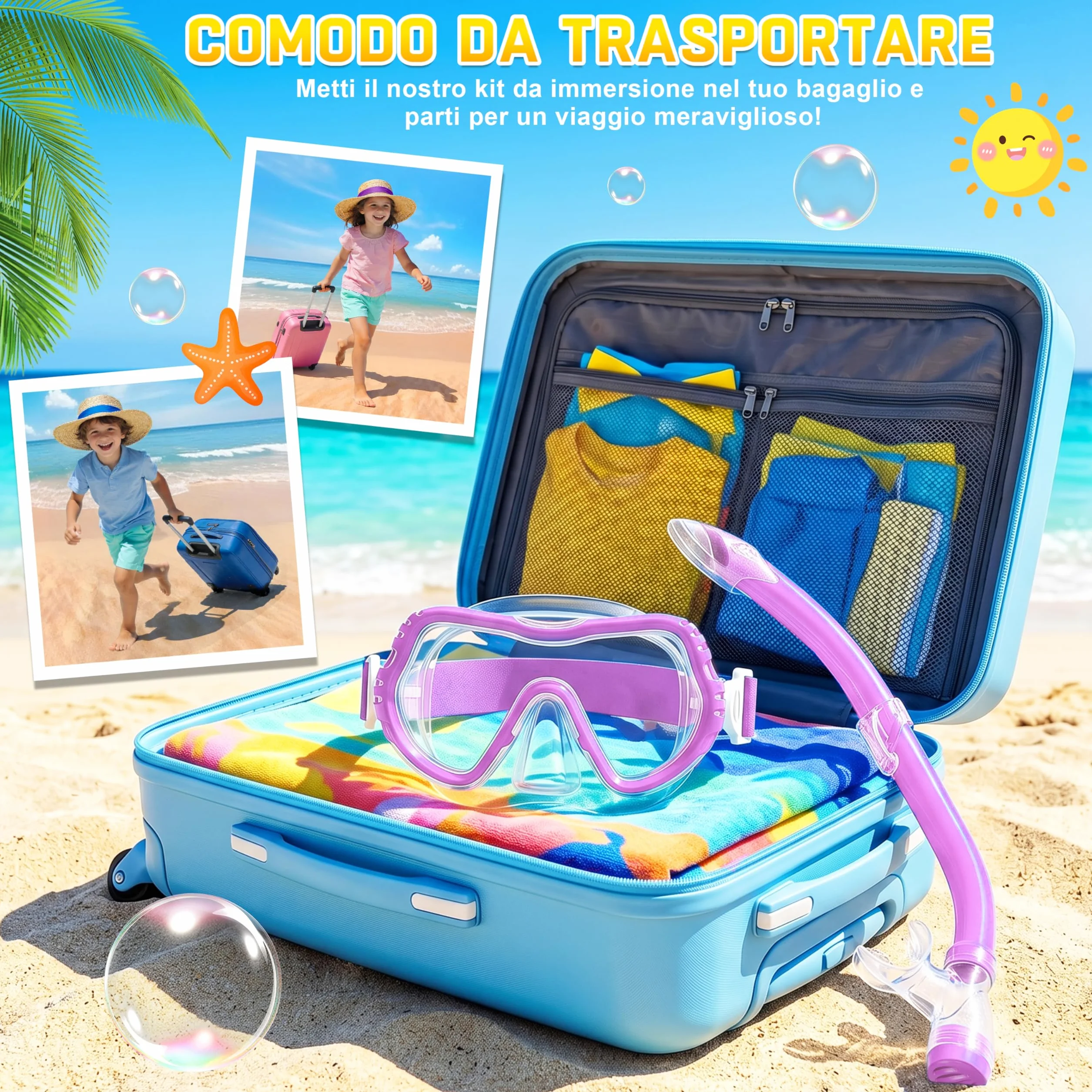 IEEILULU Maschera Subacquea Bambini Occhialini Boccaglio Tappi Impermeabili Retina Antiappannamento Visione Panoramica 180° HD 4 Colori