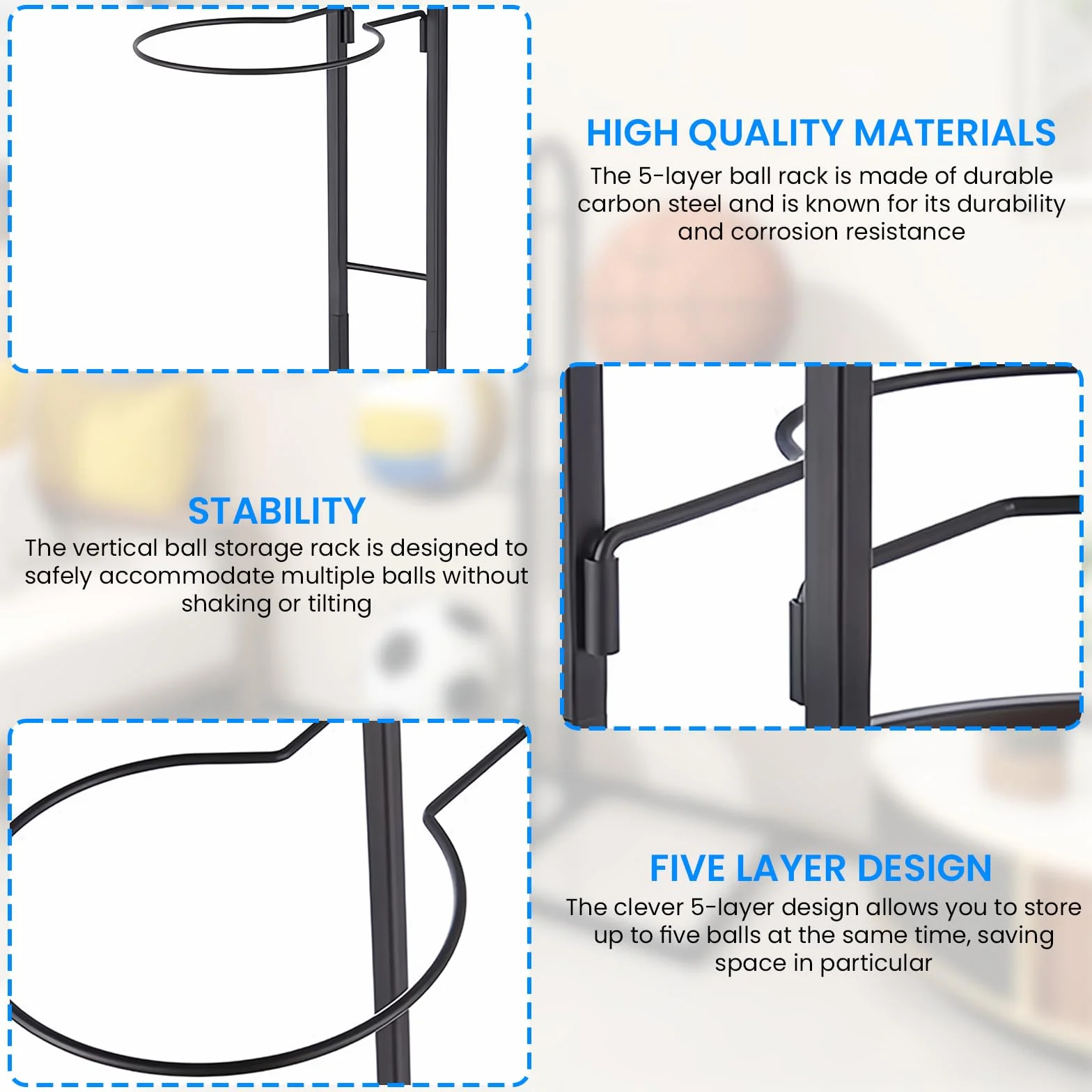 Scaffale per pallacanestro 5 livelli supporto verticale rimovibile organizer garage attrezzature sportive calcio pallavolo