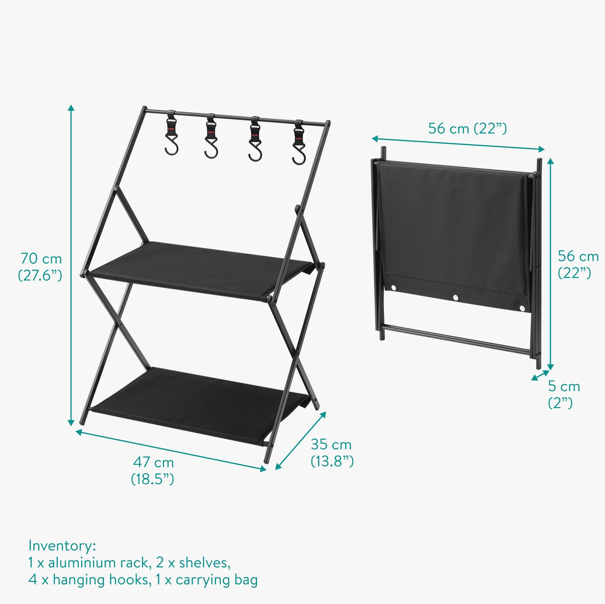 Navaris Scaffale da Campeggio Pieghevole 2 Ripiani 4 Ganci Portatile Salvaspazio Capacità Max 25 kg Nero