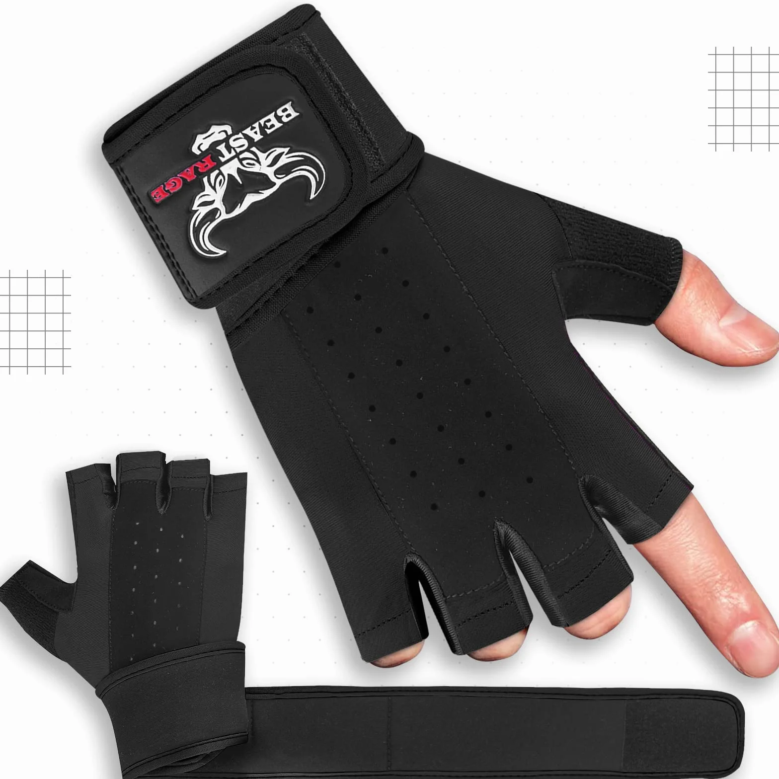 BEAST RAGE Guanti per sollevamento pesi con supporto polso e protezione palmo, traspiranti, nero