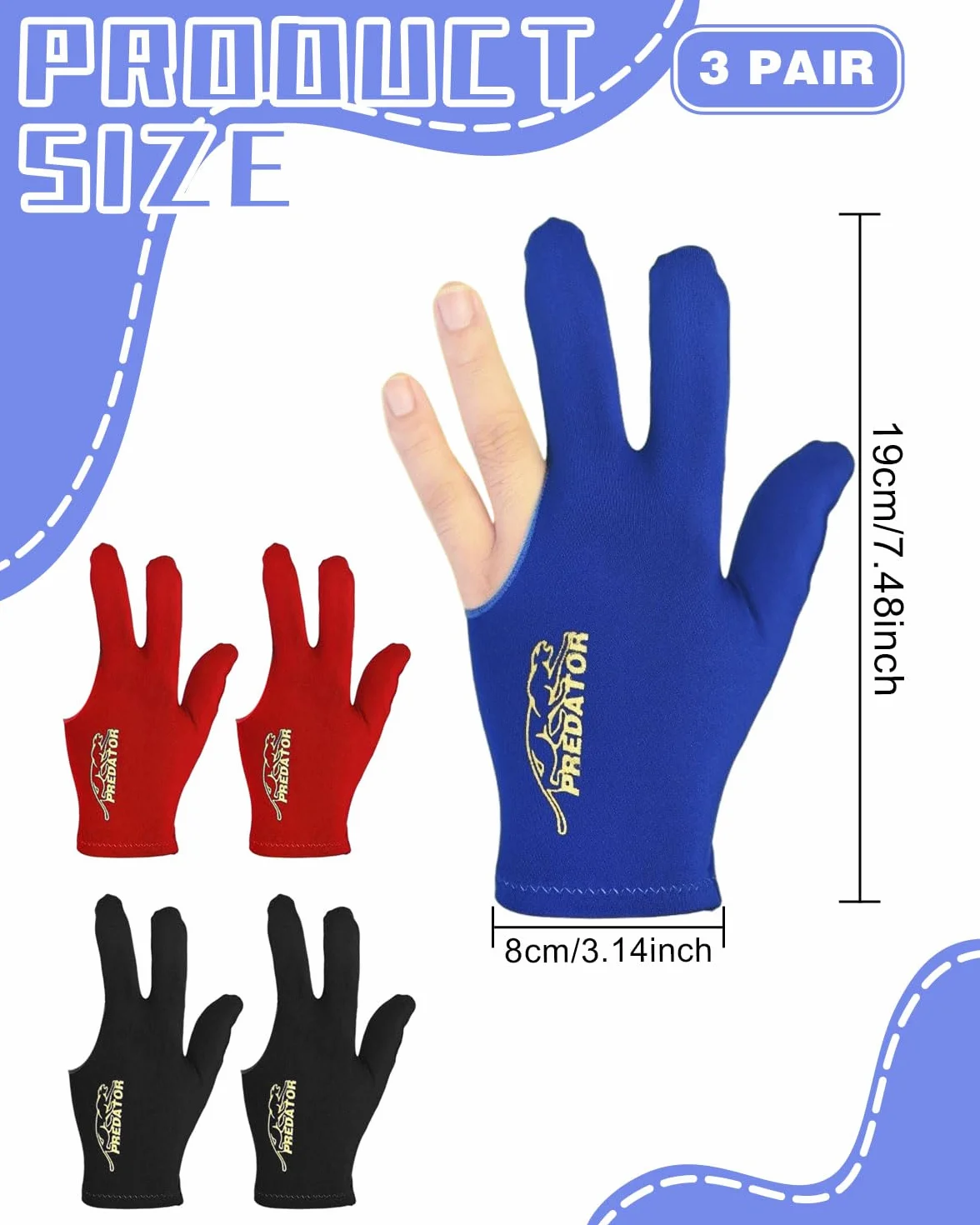 Guanti da biliardo estensibili unisex 6 pezzi nero blu rosso