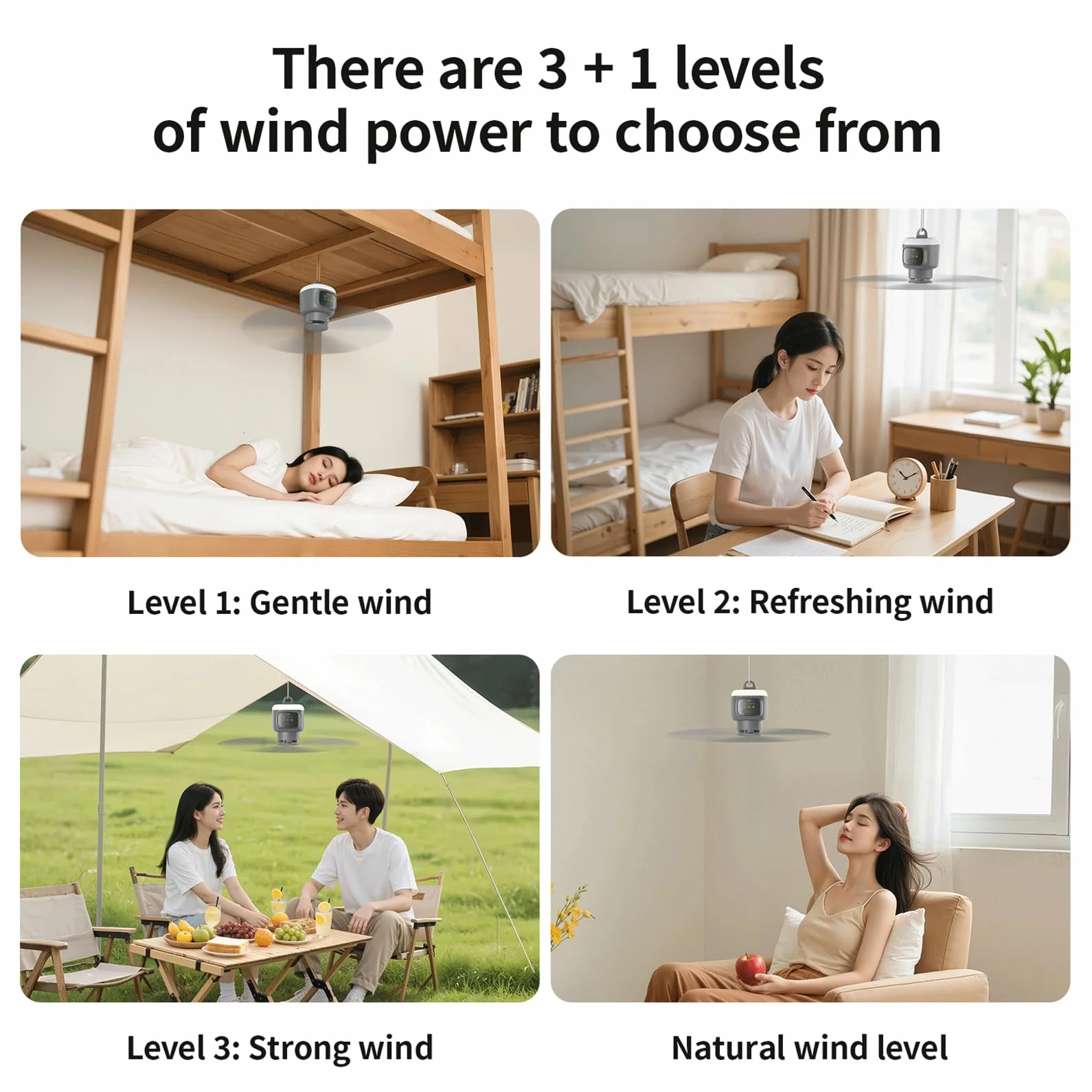 VVU&CCO Ventilatore da soffitto portatile ricaricabile con luce, 12000 mAh, funzionamento a batteria, tempo di utilizzo fino a 16 ore, regolazione 4 velocità, timer 2/4/8 ore, ventilatore da soffitto