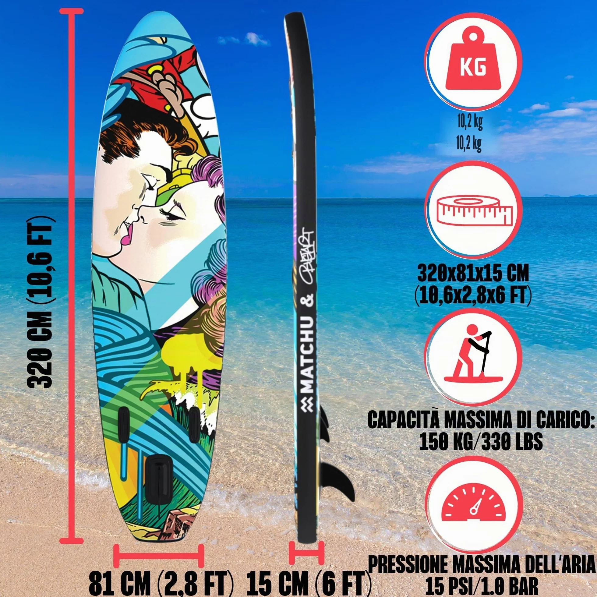 MATCHU - Sup Board gonfiabile - Paddle Board - Edizione limitata - Certificato - Set completo - 320 x 81 x 15 cm - Portata 150 kg - Collezione Art