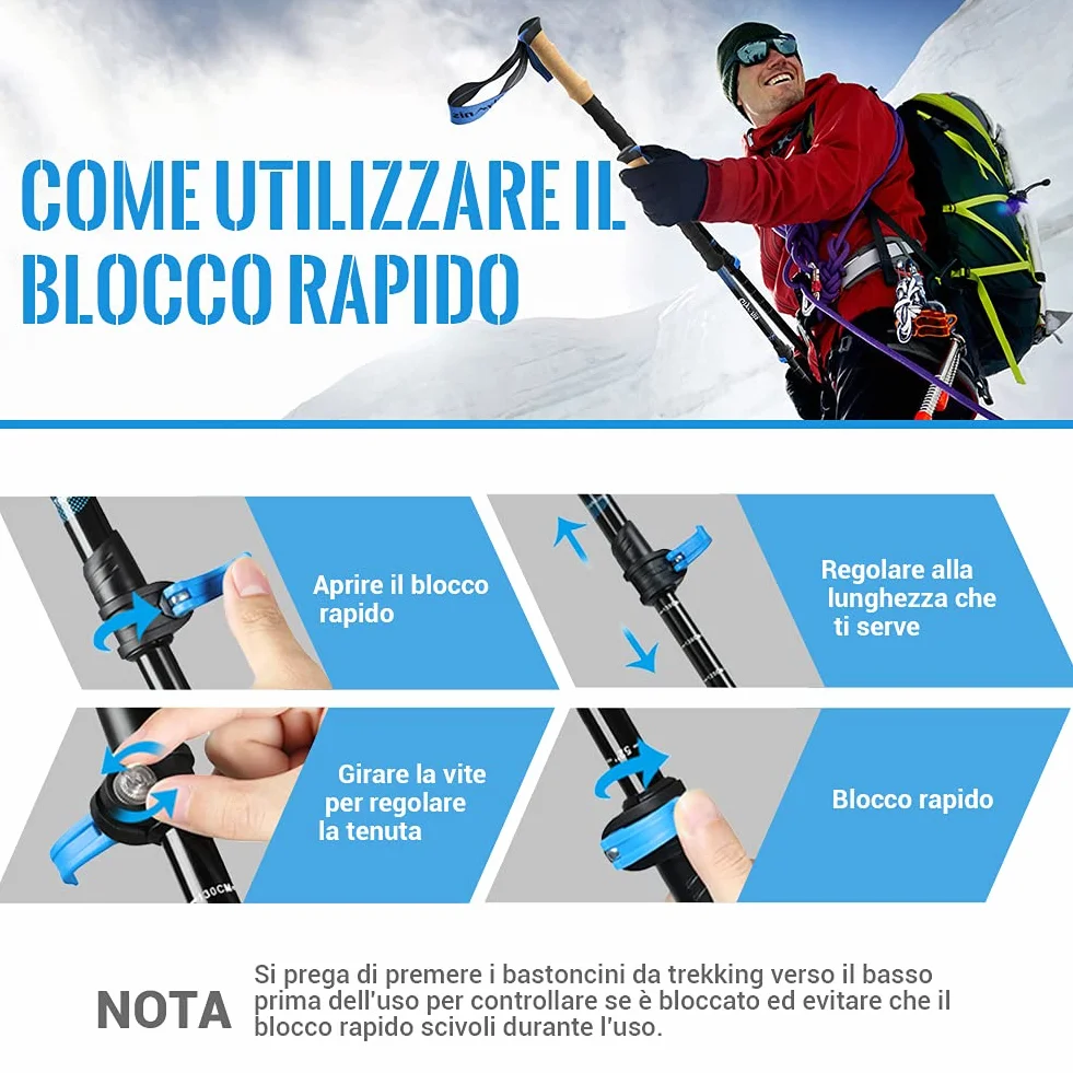 Bastoncini da Trekking 3 Sezioni 65-135cm Alluminio 7075 Blocco Rapido Impugnatura Sughero