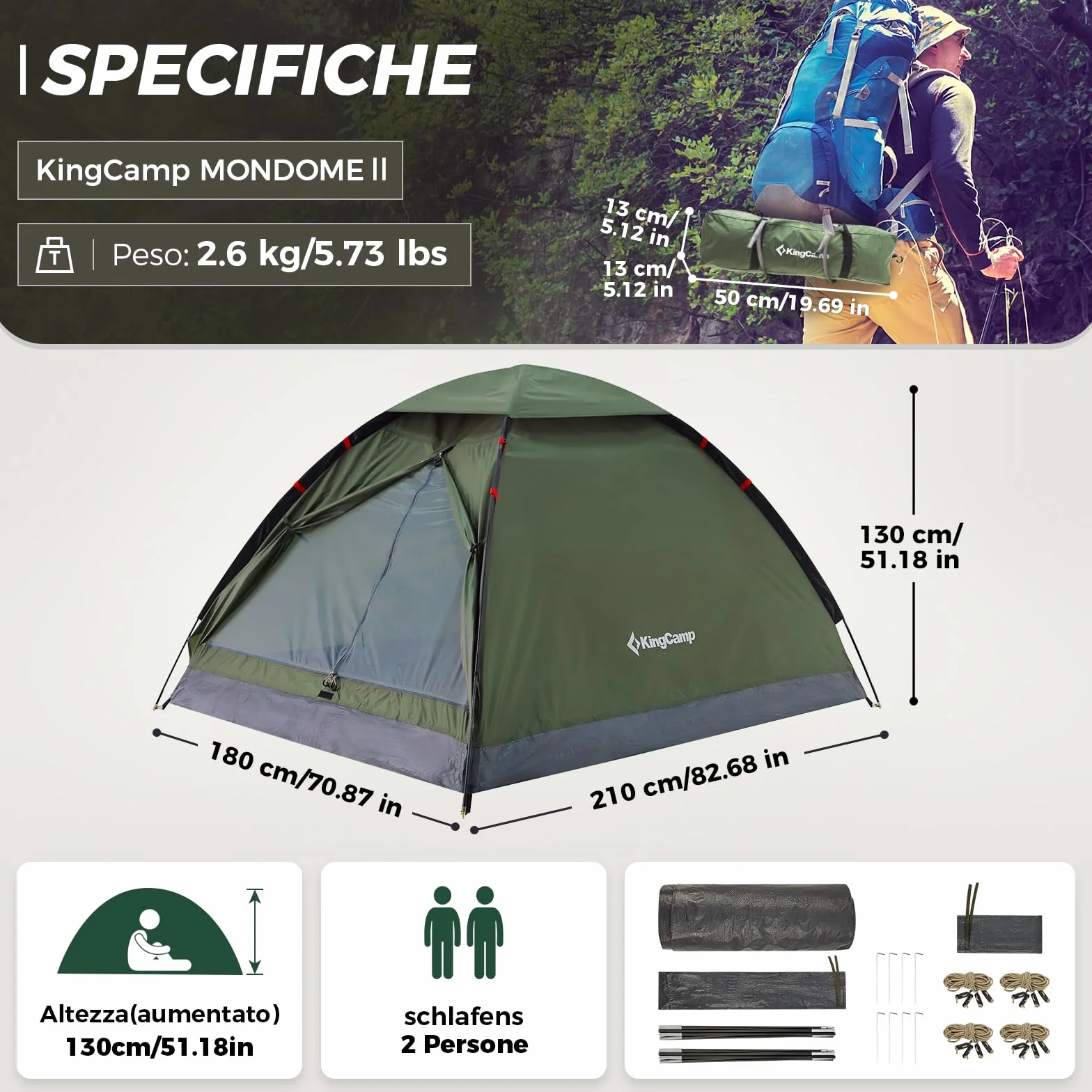 KingCamp Tenda da Campeggio 2-3 Persone Impermeabile 3000mm Ultraleggera 210x180x130 cm