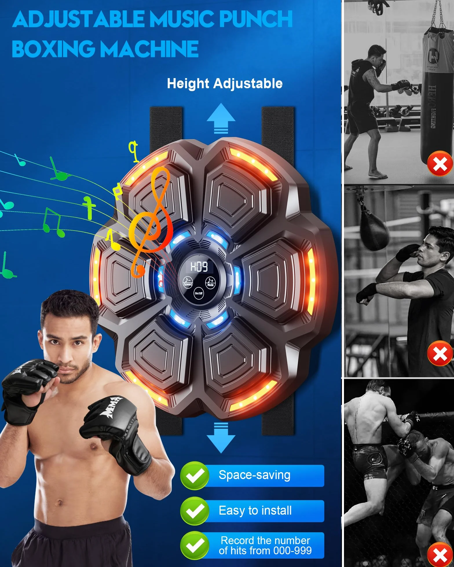 Music Boxing Machine Adulti - 9 modalità di velocità Macchina da Box Musicale Pugile con Guanti da Boxe - LED Parete Tira Pugni con Musica - Bluetooth Boxe Allenamento per Casa