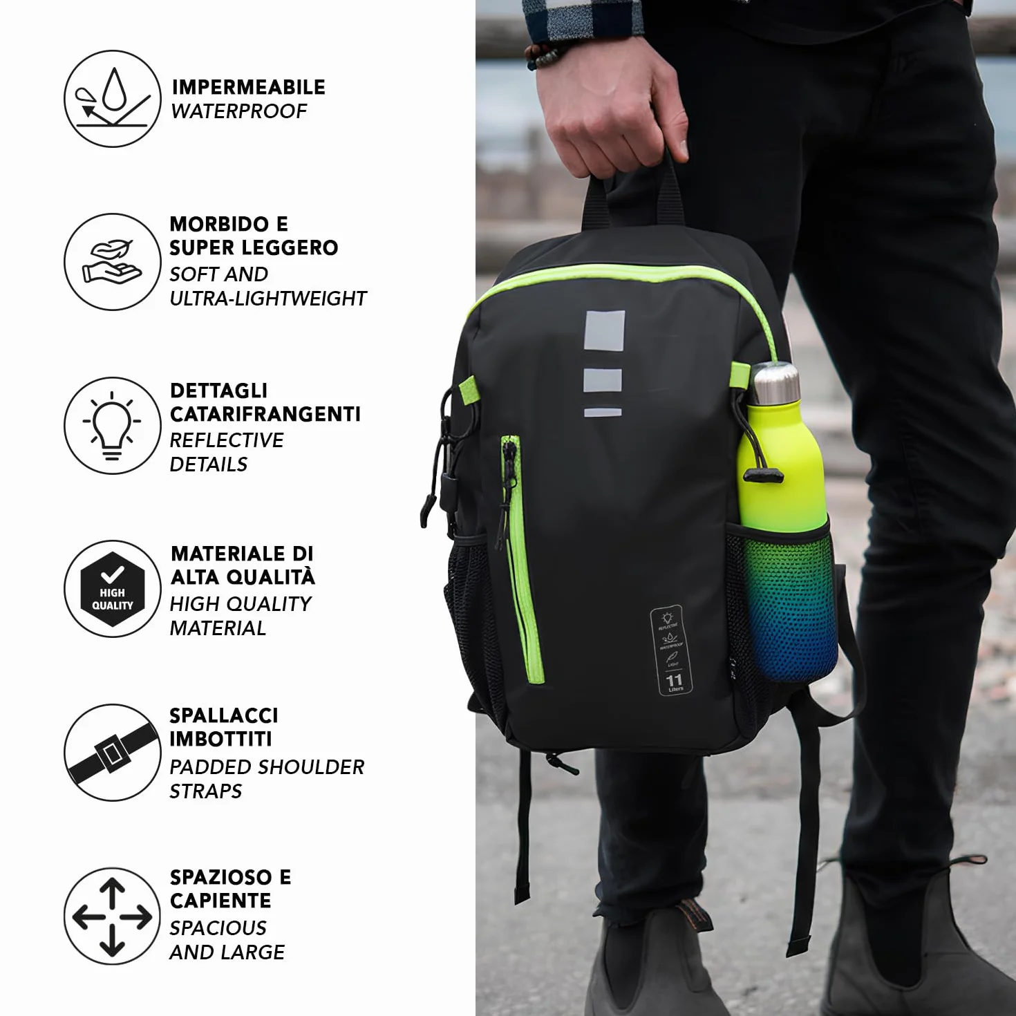 PERLETTI Zaino 10 Litri Impermeabile Trekking Montagna Super Leggero Capiente 39x22x12 cm