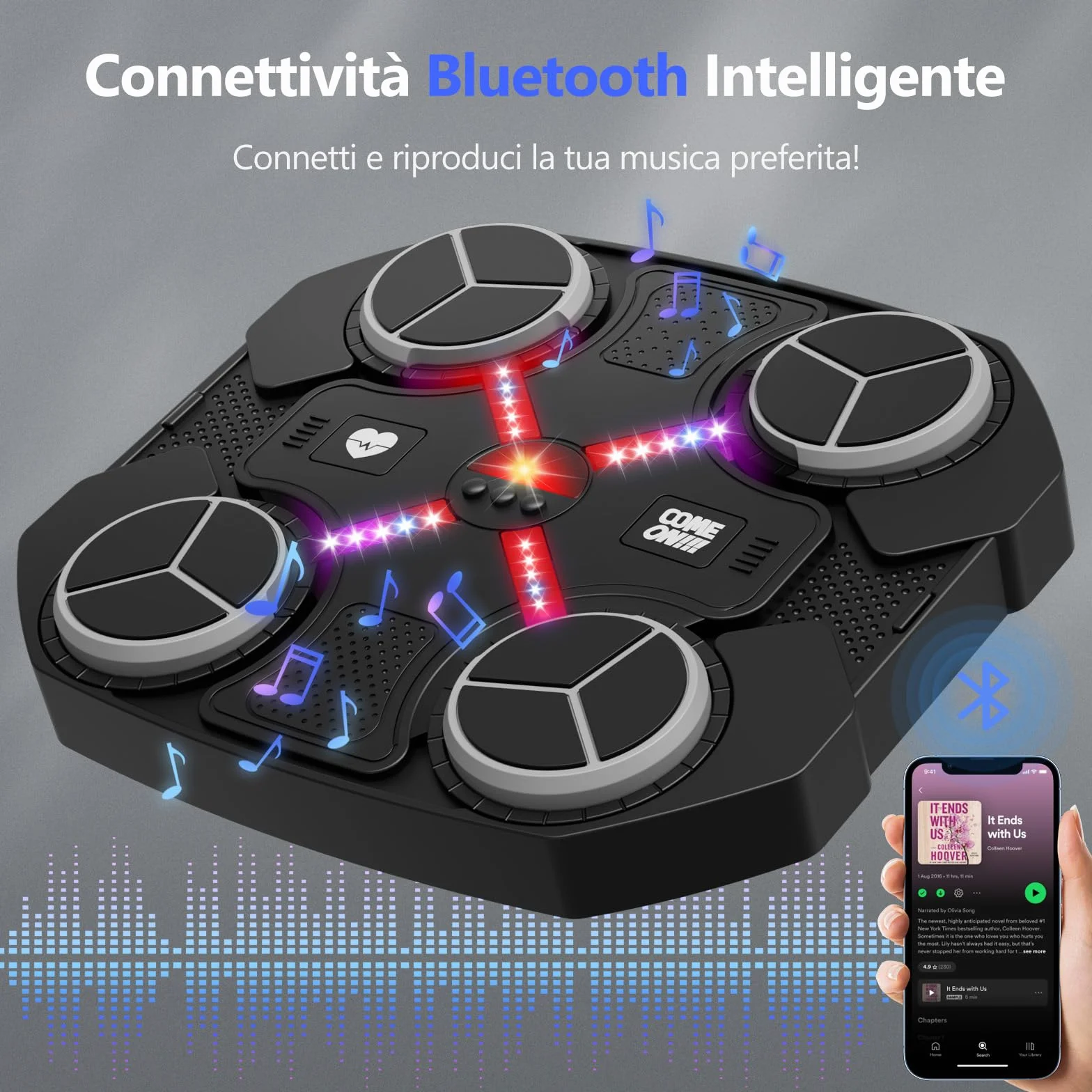 Macchina da Boxe Musicale, Music Boxing Machine Bluetooth Ricaricabile da Montare a Muro con 3 Livelli di velocità, Guanti, Luci Colorate, Cuscinetti da Boxe, Regalo per Ragazzi e Ragazze (Nero)