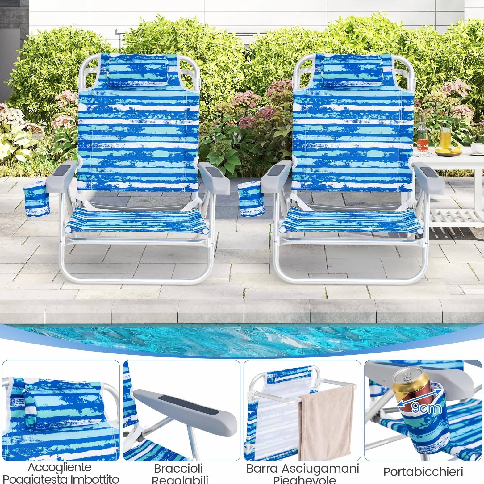 COSTWAY Set di 2 Sedie Pieghevoli da Spiaggia, Sdraio Regolabile 5 Posizioni, Portata 150 kg Blu