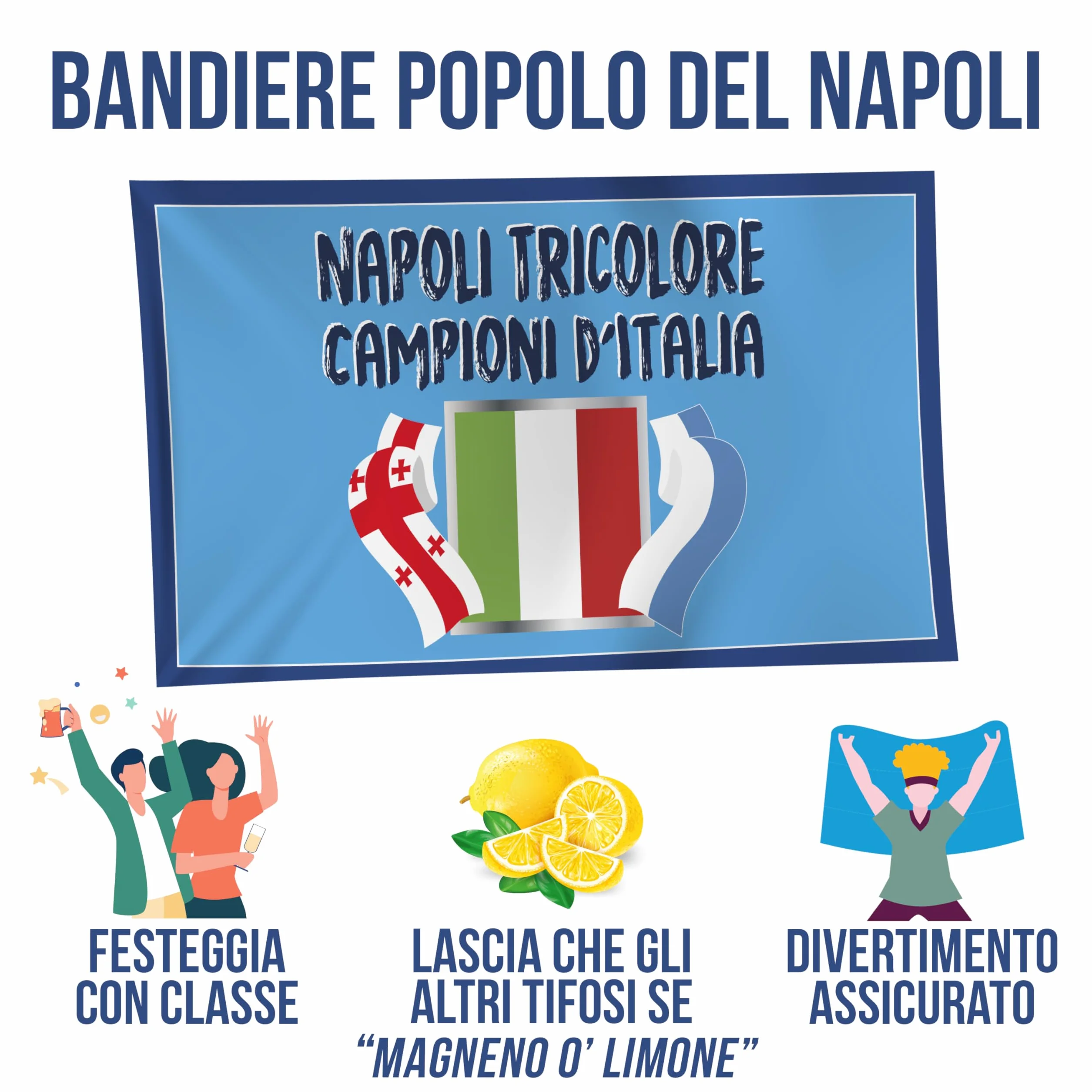 Bandiera Popolo di Napoli 2025 90x150 cm Gadget 4° Tricolore Regalo Tifoso Calcio