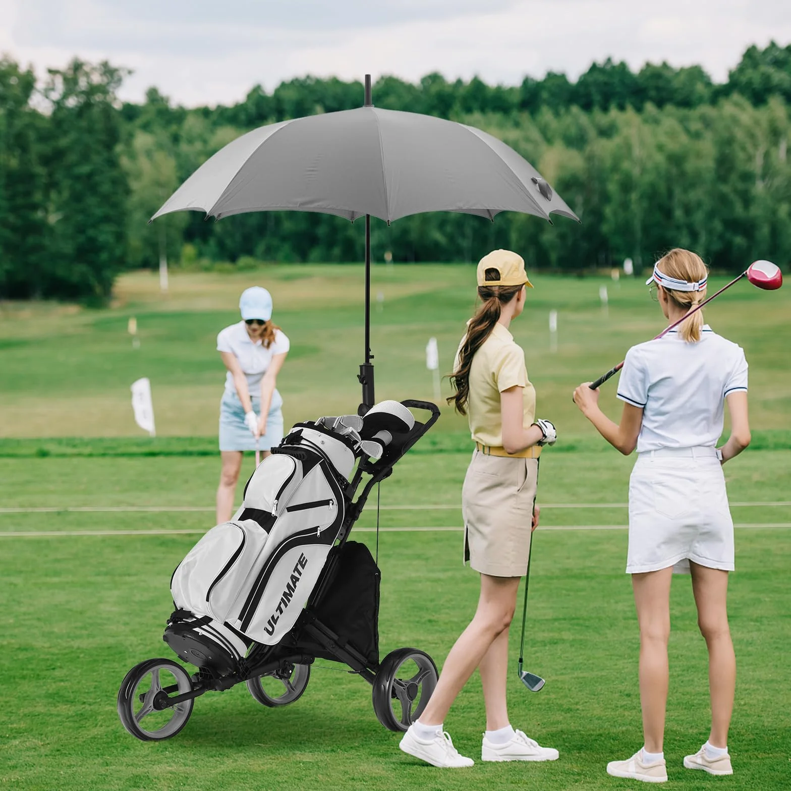 COSTWAY Pieghevole Carrello da Golf 3 Ruote Alluminio Cinghia Elastica Portaombrello Porta Bicchiere Segnapunti Freno a Pedale