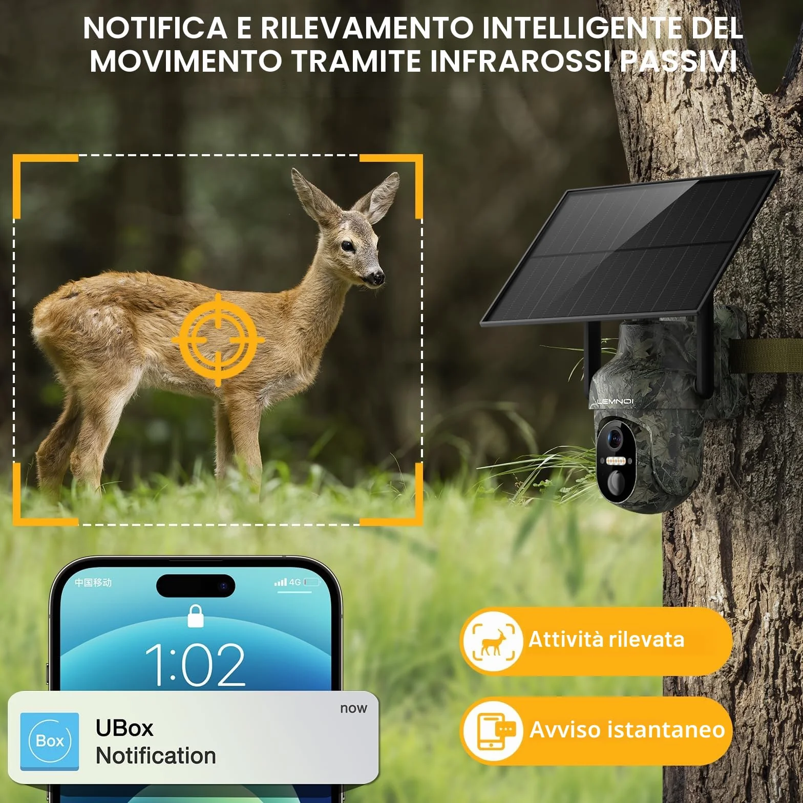 Fotocamera da Caccia 4G con SIM Preinstallato, Fototrappola Solare 2K, Visione Notturna a Colori, Rilevamento PIR, IP66