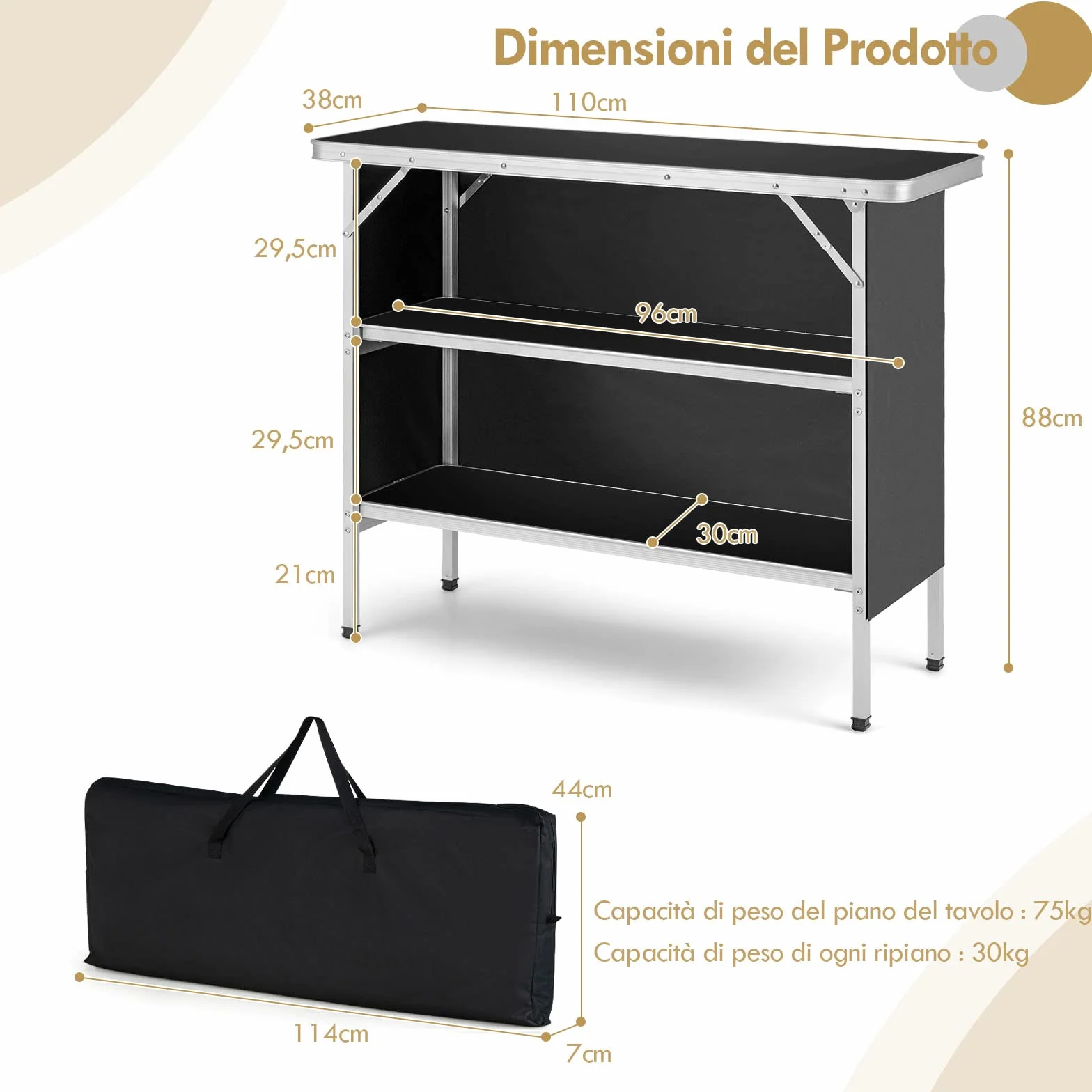 COSTWAY Cucina da Campeggio Pieghevole con Telaio in Alluminio 3 Ripiani Borsa Trasporto Nero