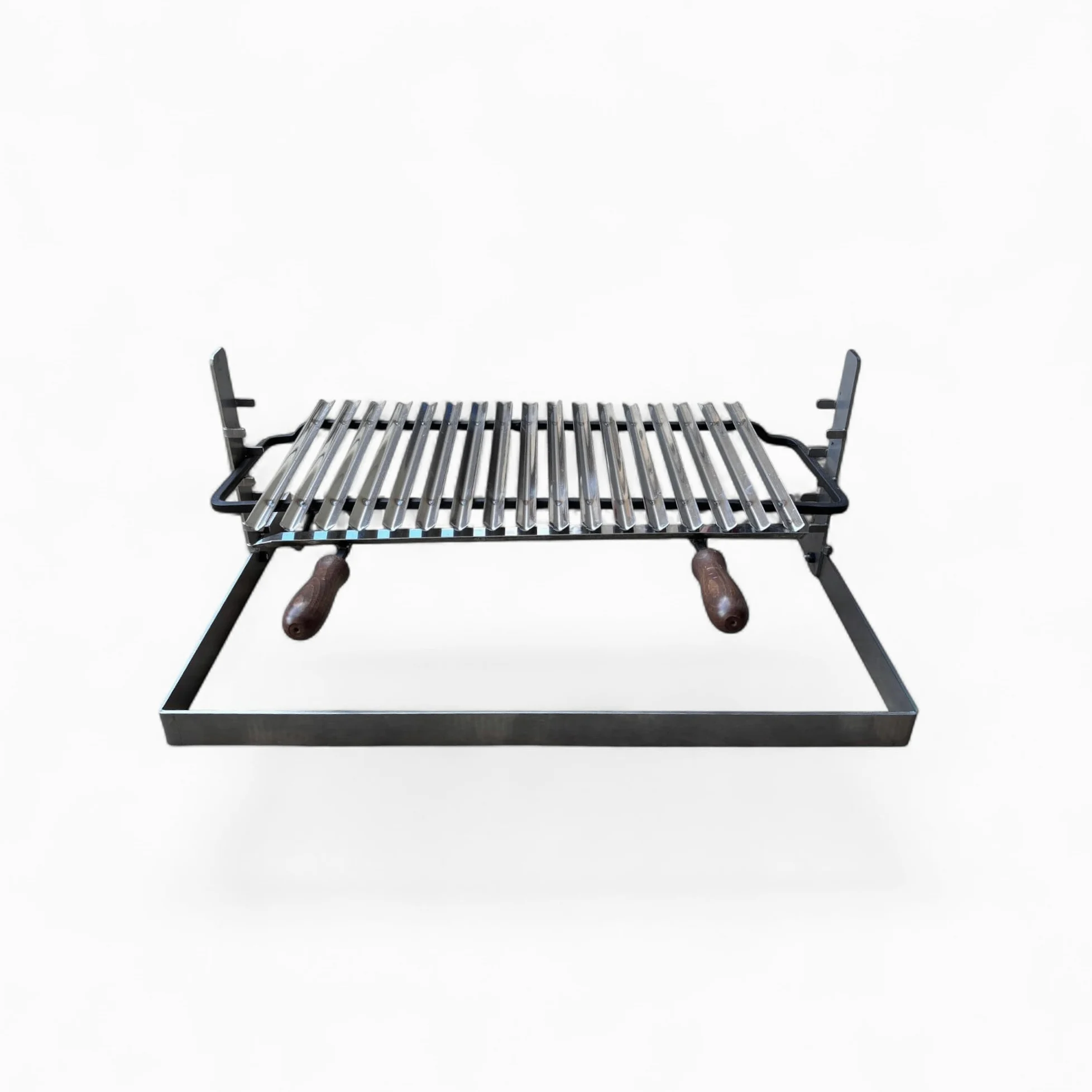 Griglia per Barbecue in Acciaio Inox, Sistema Scolagrassi, Manici in Legno, Base in Ferro Regolabile su 3 Altezze 70x45cm, Superficie di Cottura 54cm